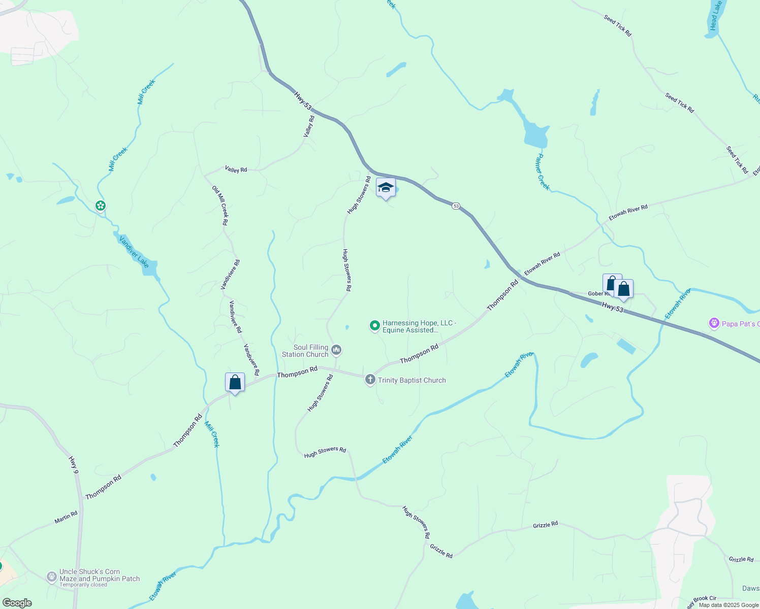 map of restaurants, bars, coffee shops, grocery stores, and more near 84 Ratcliff Drive in Dawsonville