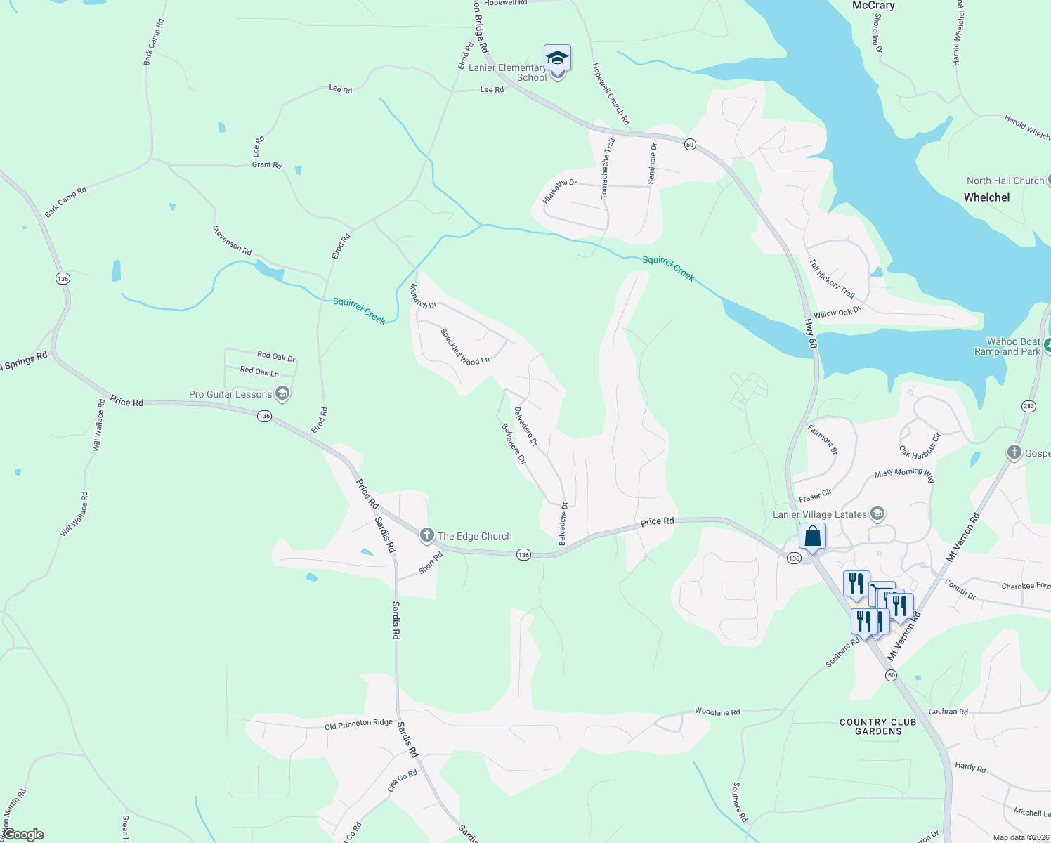 map of restaurants, bars, coffee shops, grocery stores, and more near 4152 Belvedere Drive in Gainesville