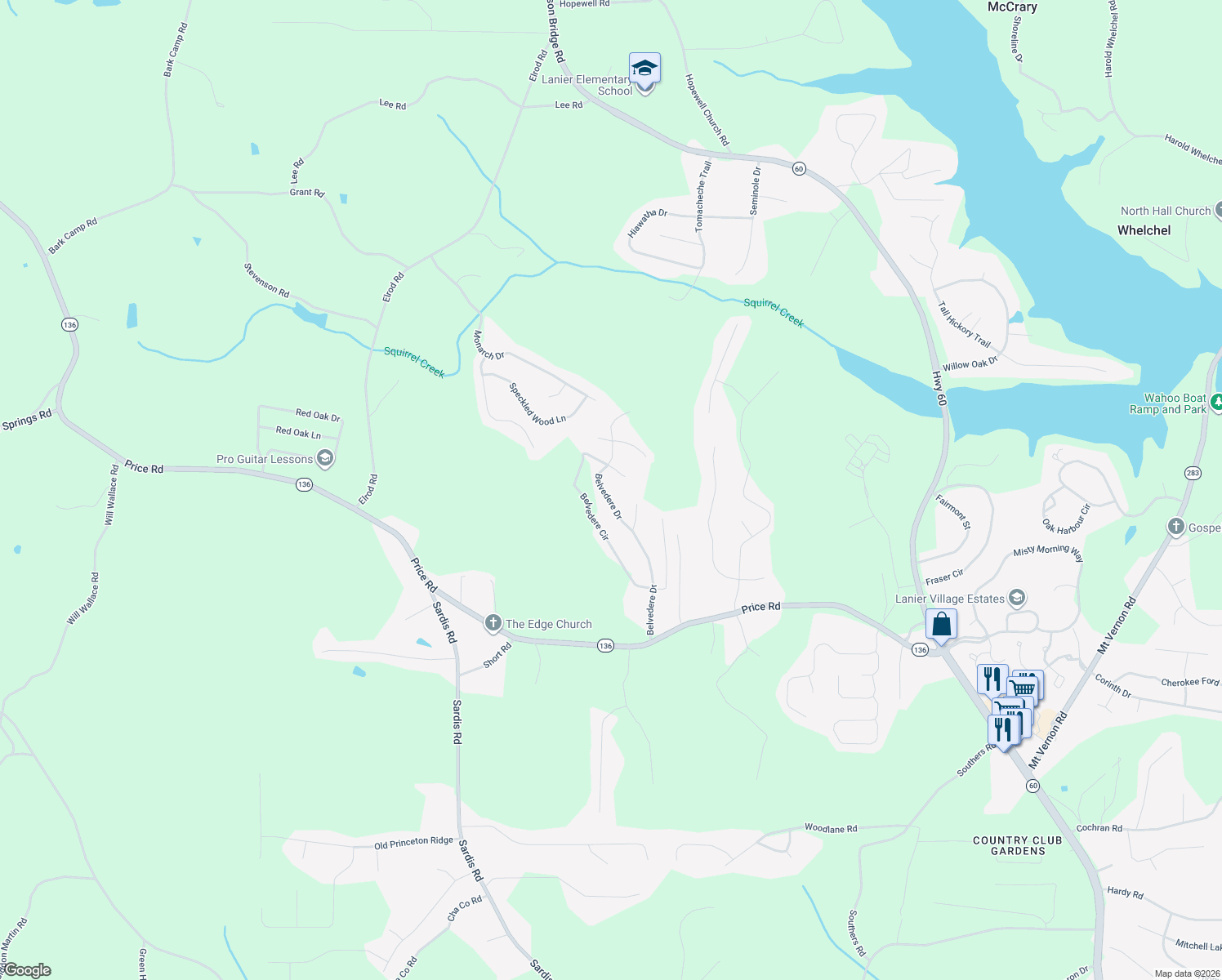 map of restaurants, bars, coffee shops, grocery stores, and more near 4152 Belvedere Drive in Gainesville