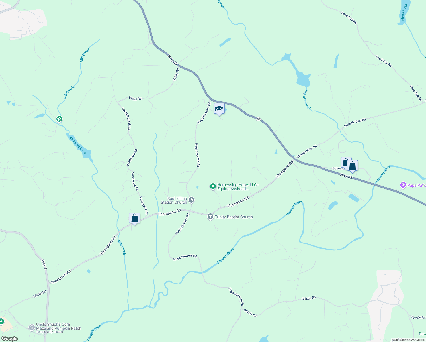 map of restaurants, bars, coffee shops, grocery stores, and more near 84 Ratcliff Drive in Dawsonville