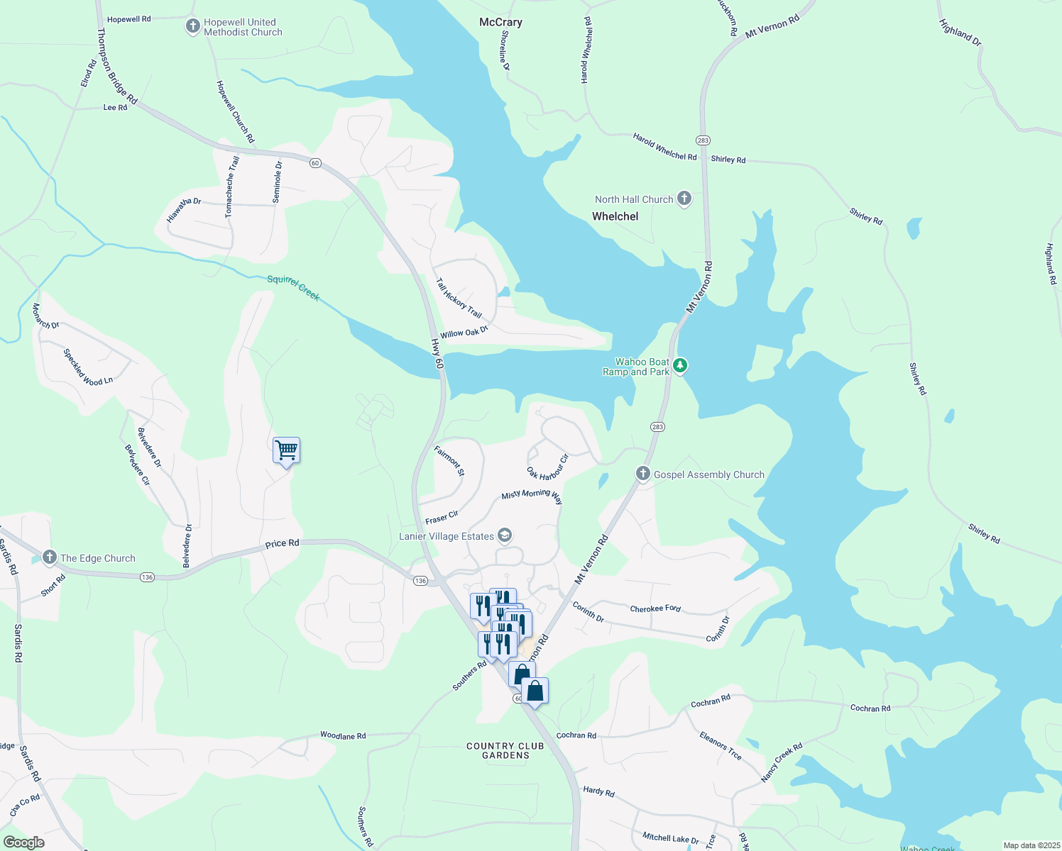 map of restaurants, bars, coffee shops, grocery stores, and more near 4007 Oak Harbour Court in Gainesville