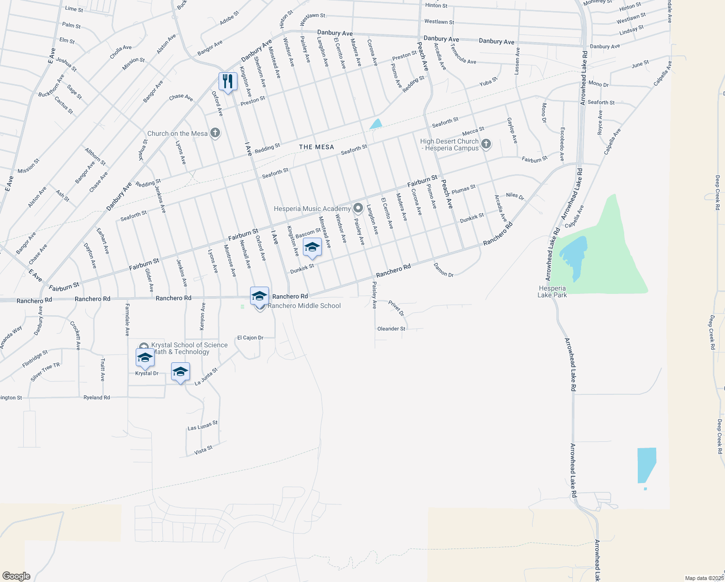 map of restaurants, bars, coffee shops, grocery stores, and more near 7325 Windsor Avenue in Hesperia