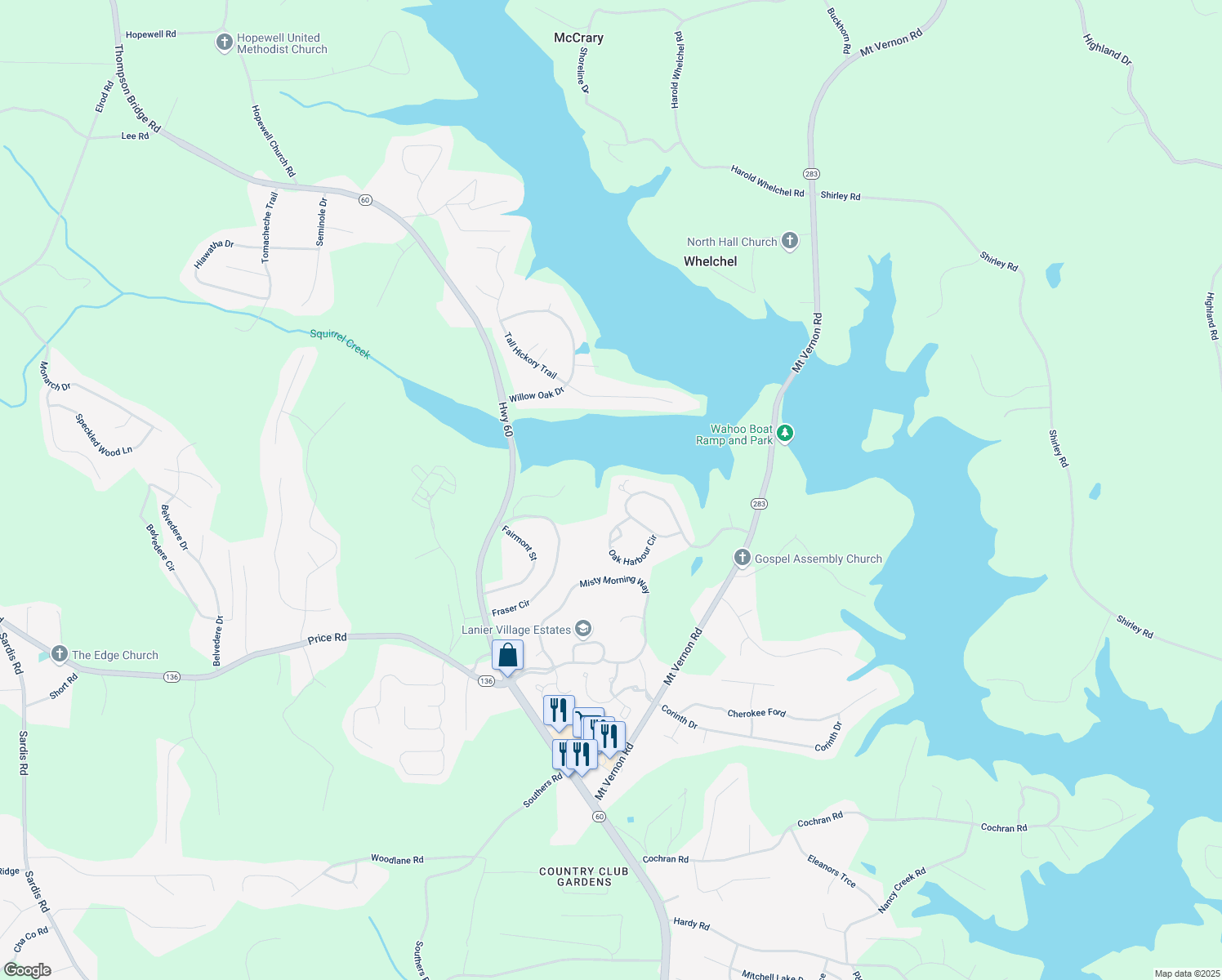 map of restaurants, bars, coffee shops, grocery stores, and more near 4007 Oak Harbour Court in Gainesville