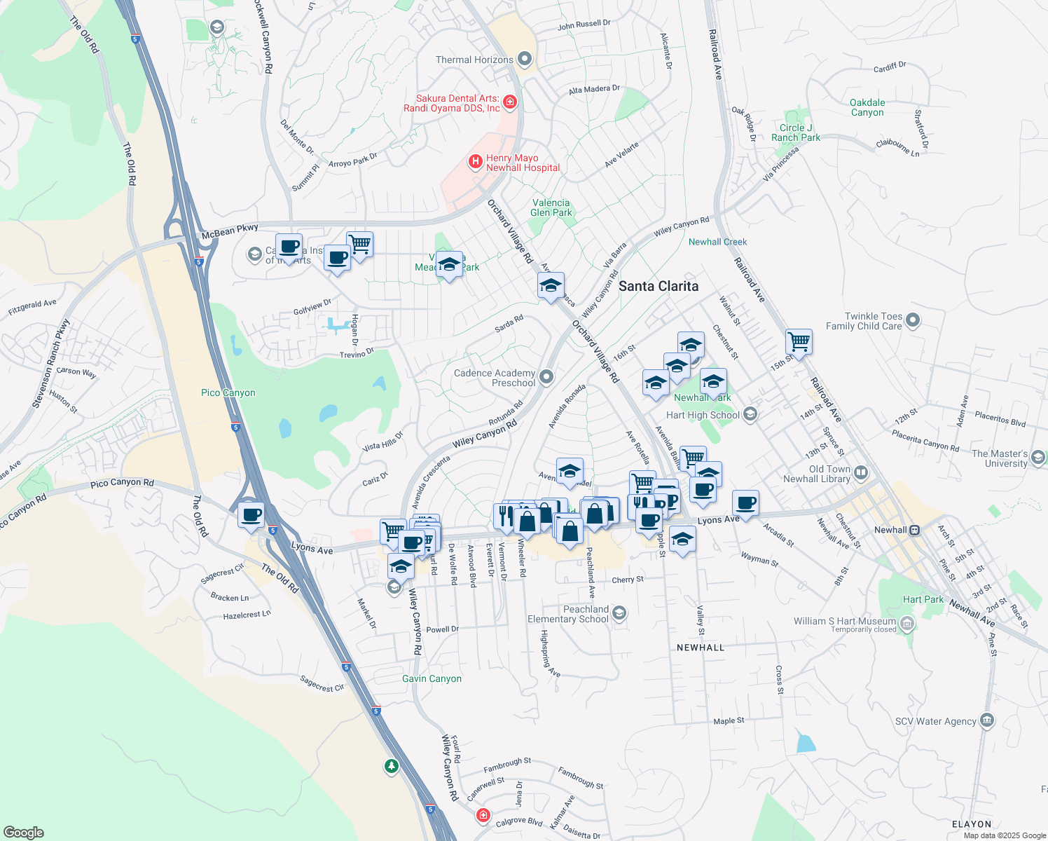 map of restaurants, bars, coffee shops, grocery stores, and more near 25492 Vía Dalia in Santa Clarita