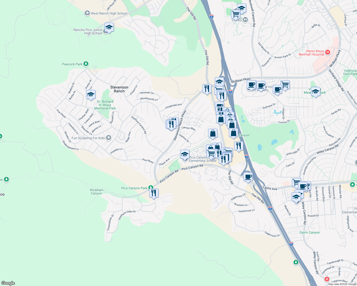 map of restaurants, bars, coffee shops, grocery stores, and more near 25510 Chisom Lane in Stevenson Ranch