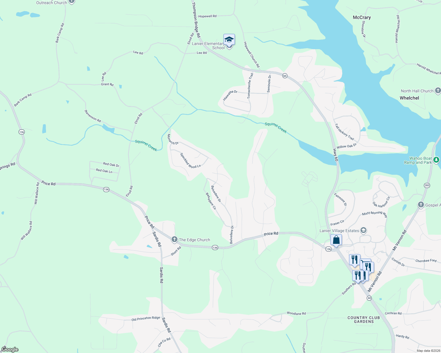 map of restaurants, bars, coffee shops, grocery stores, and more near 4180 Belvedere Drive in Gainesville