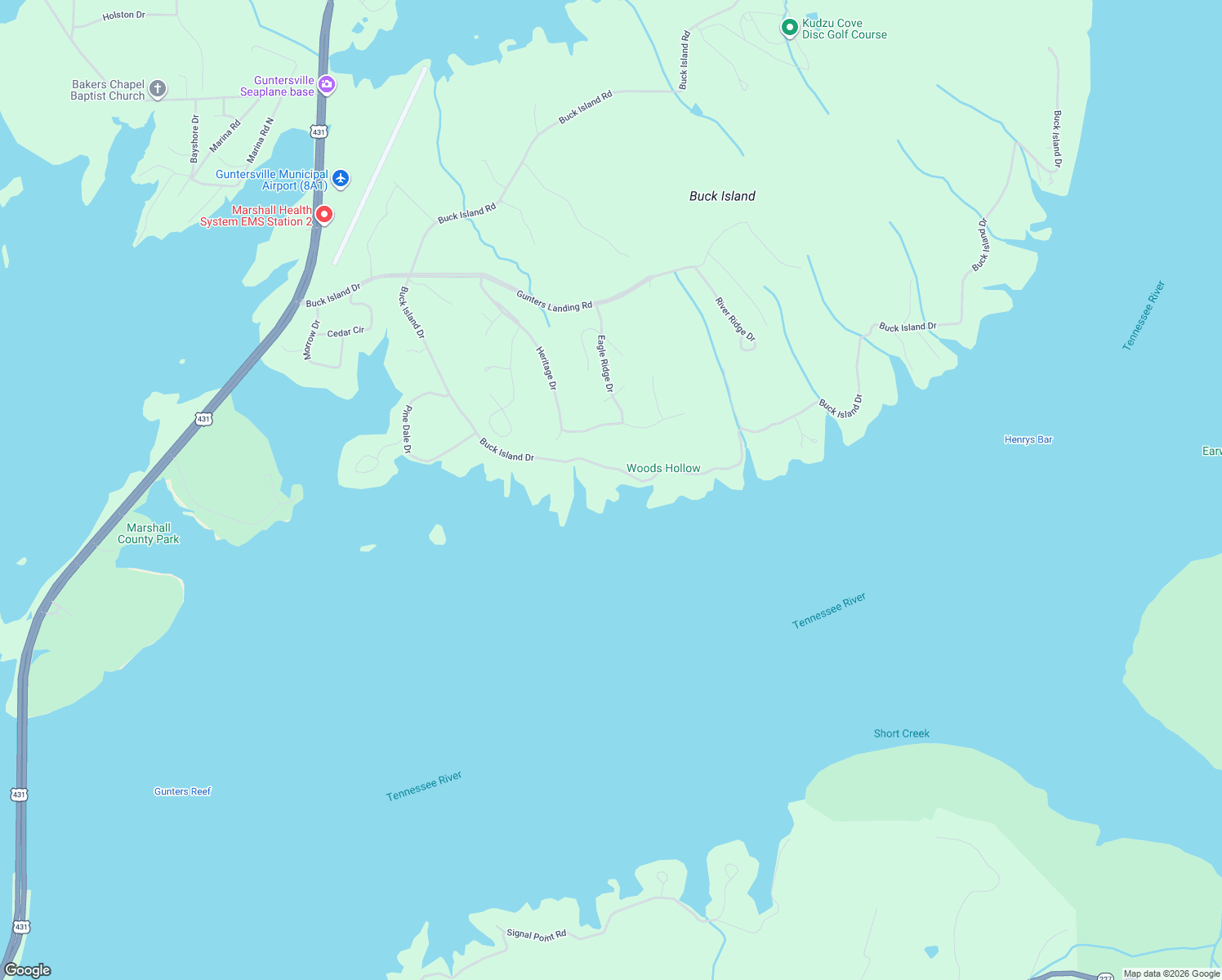 map of restaurants, bars, coffee shops, grocery stores, and more near 1314 Buck Island Drive in Guntersville
