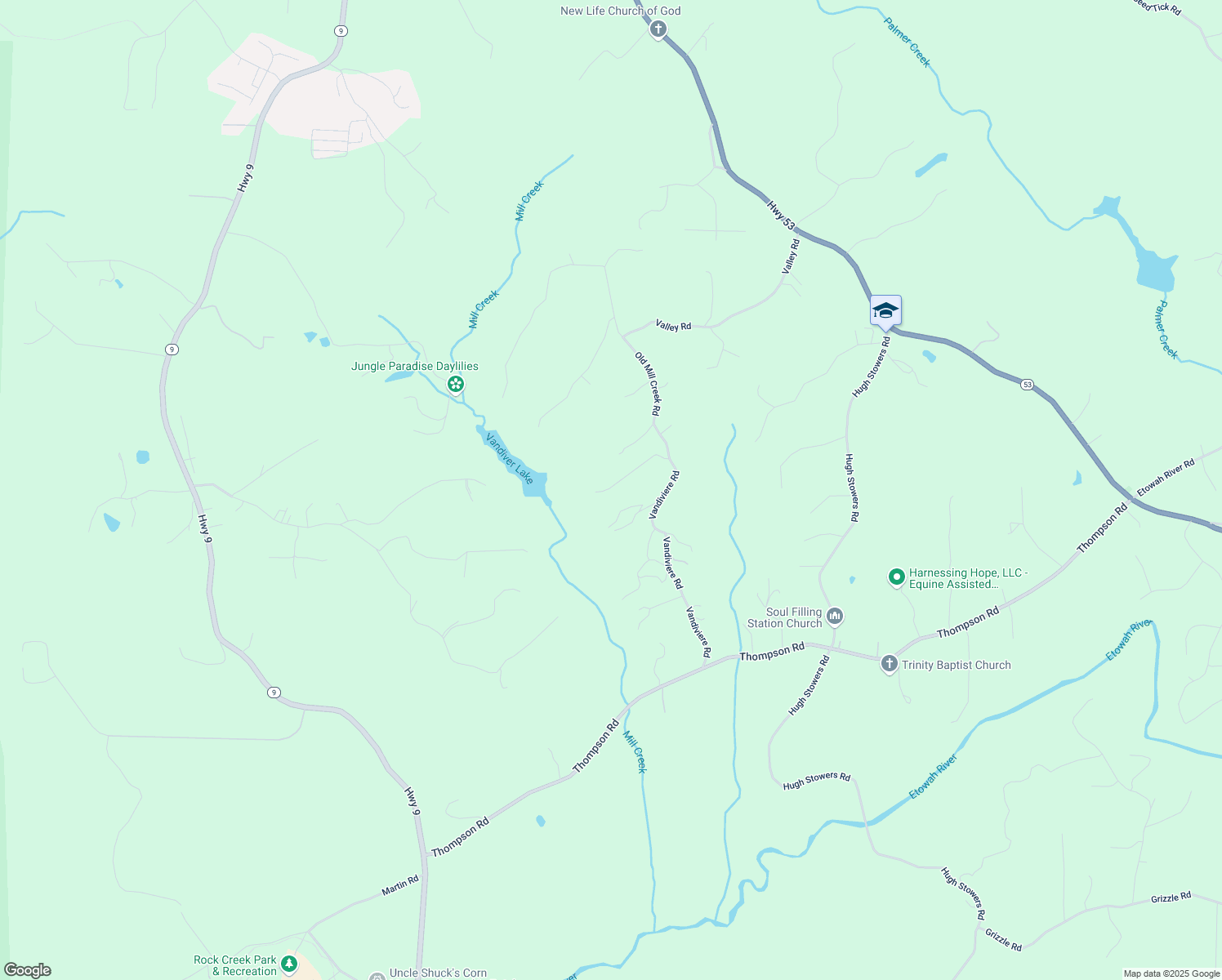 map of restaurants, bars, coffee shops, grocery stores, and more near 190 Parkwood Drive in Dawsonville