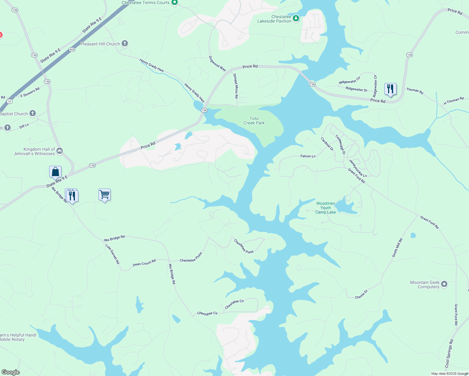 map of restaurants, bars, coffee shops, grocery stores, and more near 27 Lakeshore Circle in Dawsonville