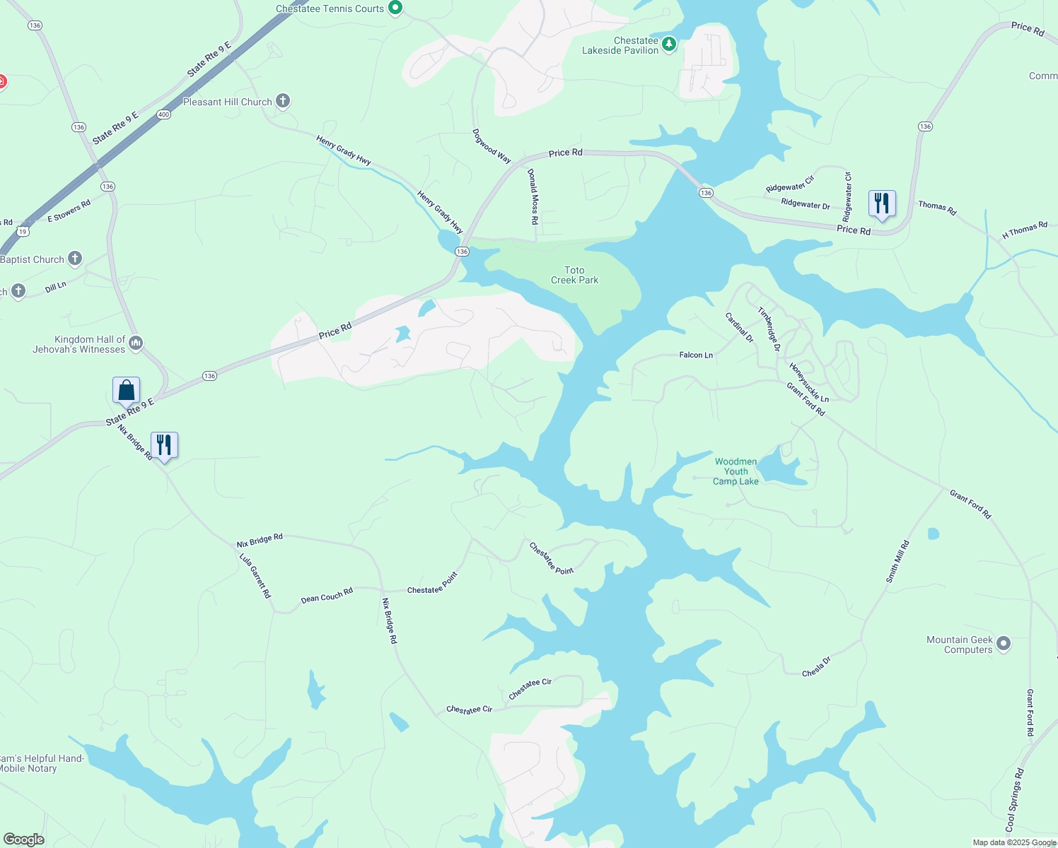 map of restaurants, bars, coffee shops, grocery stores, and more near 27 Lakeshore Circle in Dawsonville