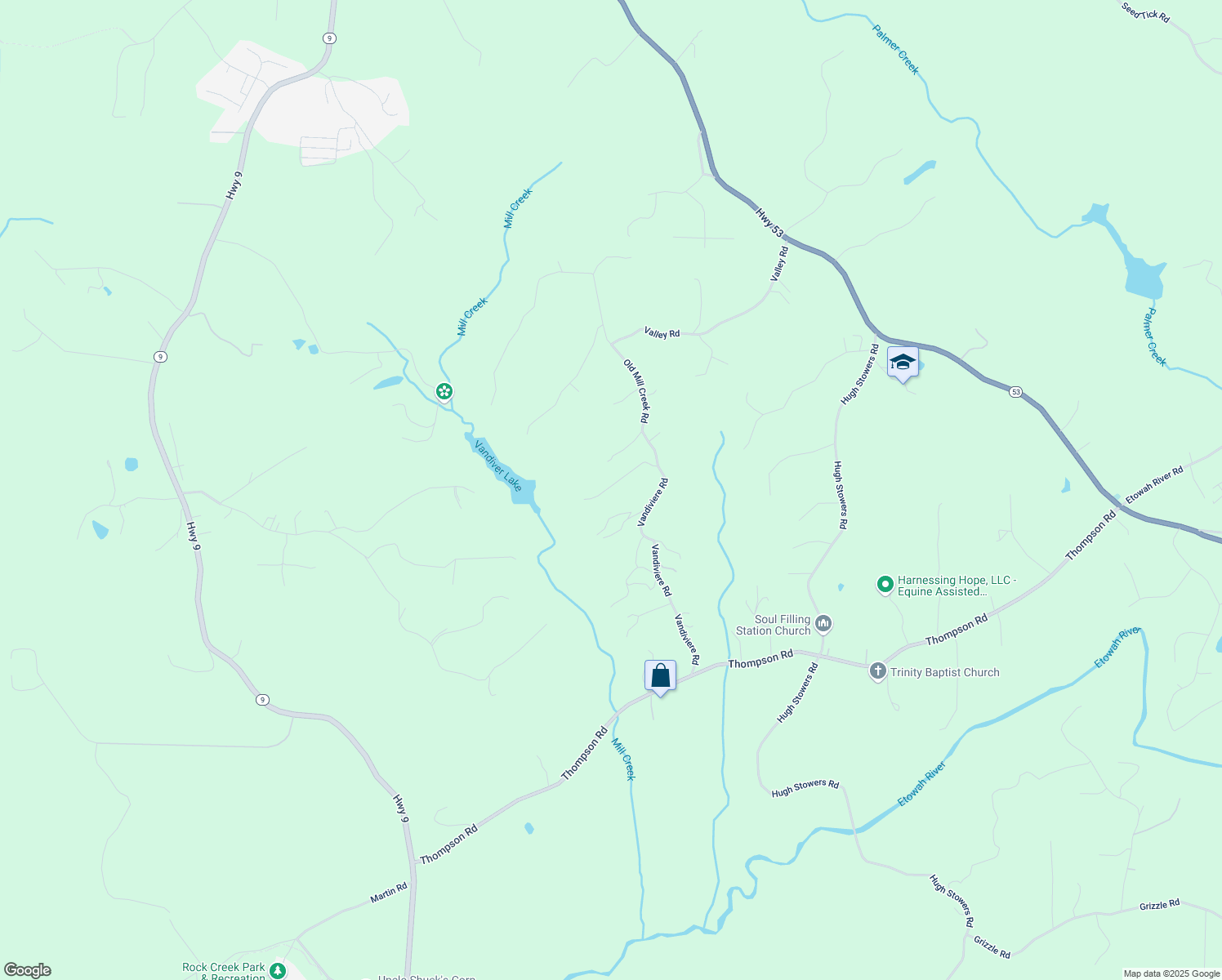 map of restaurants, bars, coffee shops, grocery stores, and more near 152 Parkwood Drive in Dawsonville