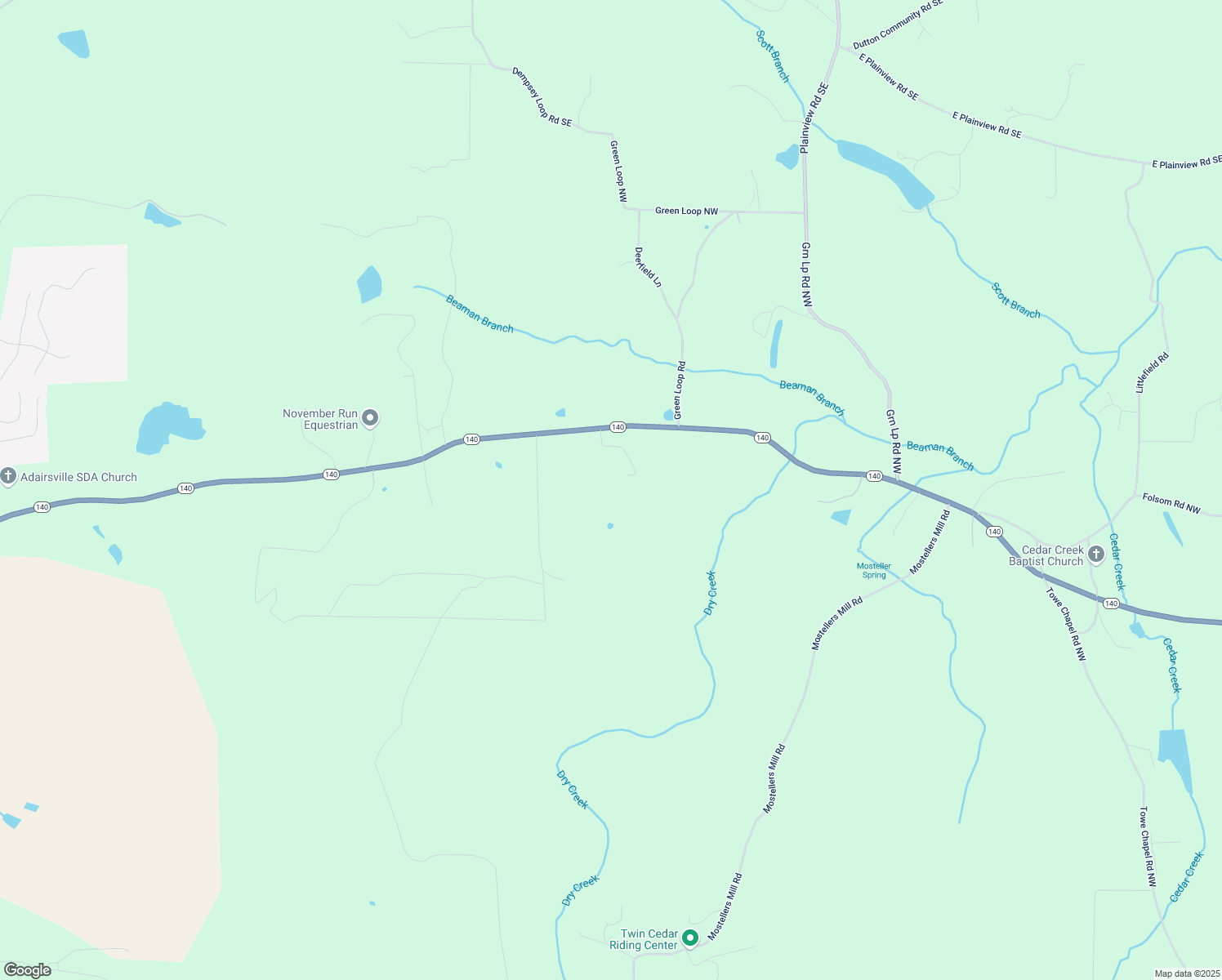 map of restaurants, bars, coffee shops, grocery stores, and more near Highway 140 Northwest in Adairsville