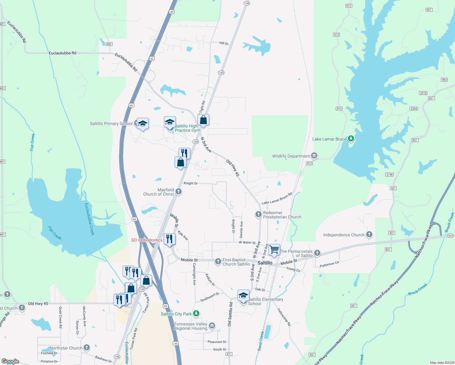 map of restaurants, bars, coffee shops, grocery stores, and more near 138 Loghan Dr in Saltillo