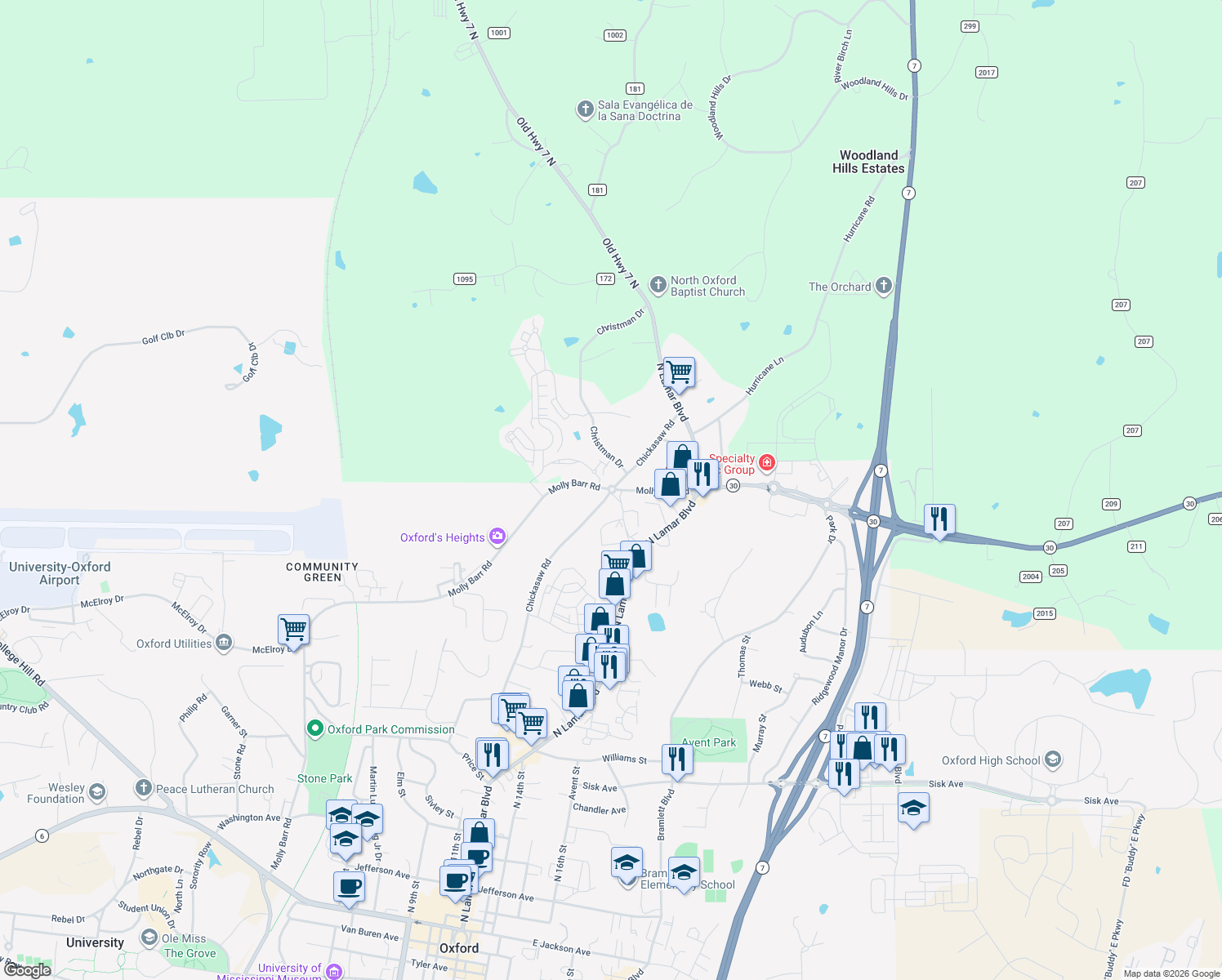 map of restaurants, bars, coffee shops, grocery stores, and more near 1398 Chickasaw Rd in Oxford