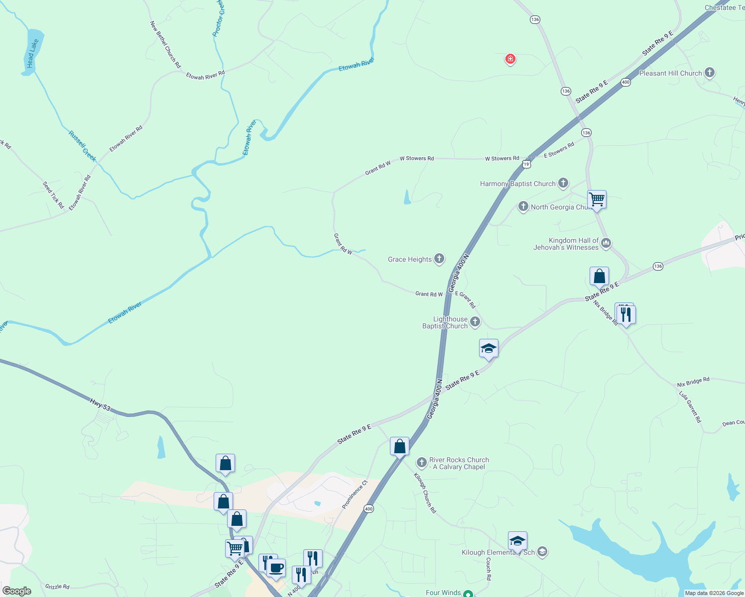 map of restaurants, bars, coffee shops, grocery stores, and more near 317 Grant Road West in Dawsonville