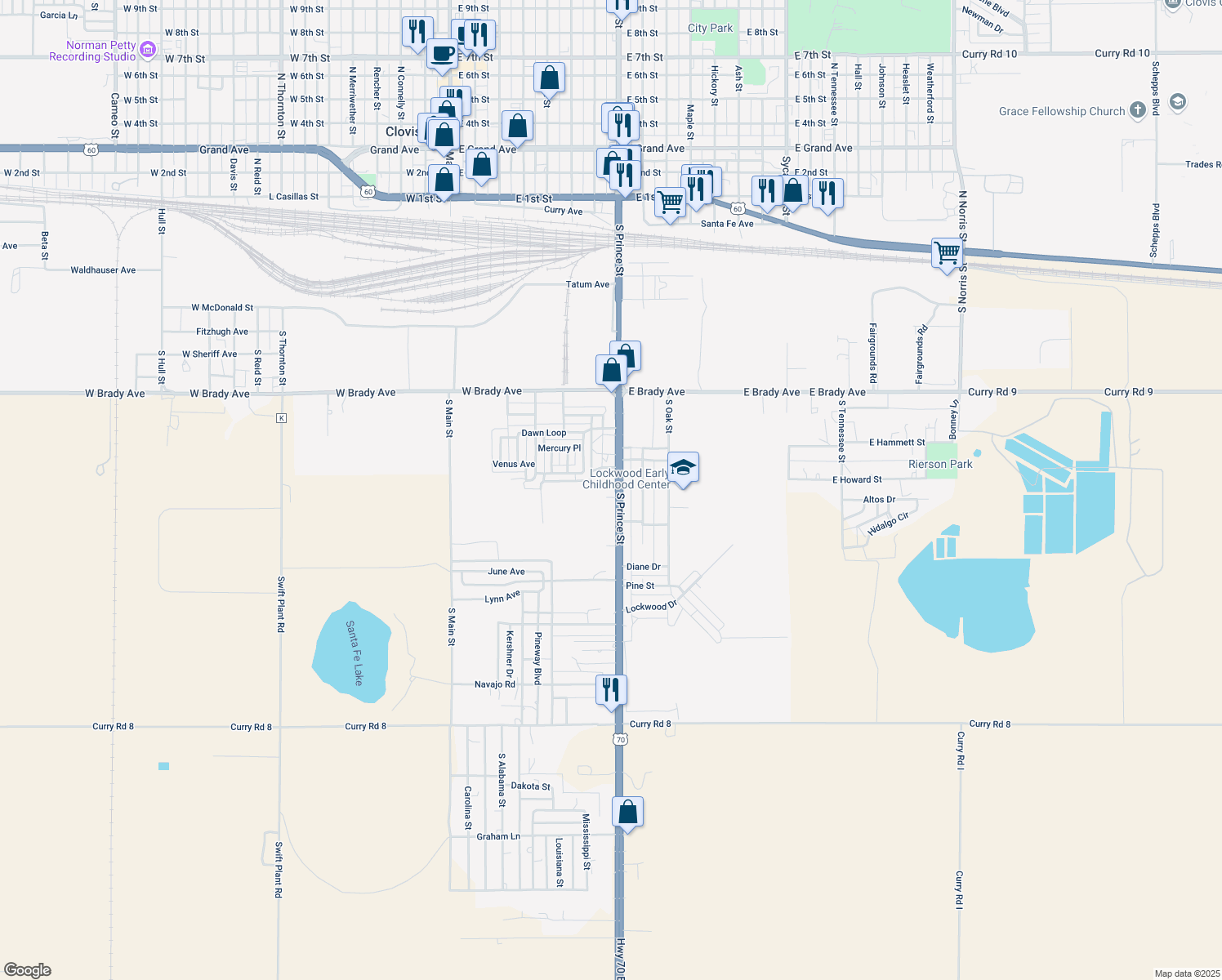 map of restaurants, bars, coffee shops, grocery stores, and more near 1100 South Prince Street in Clovis