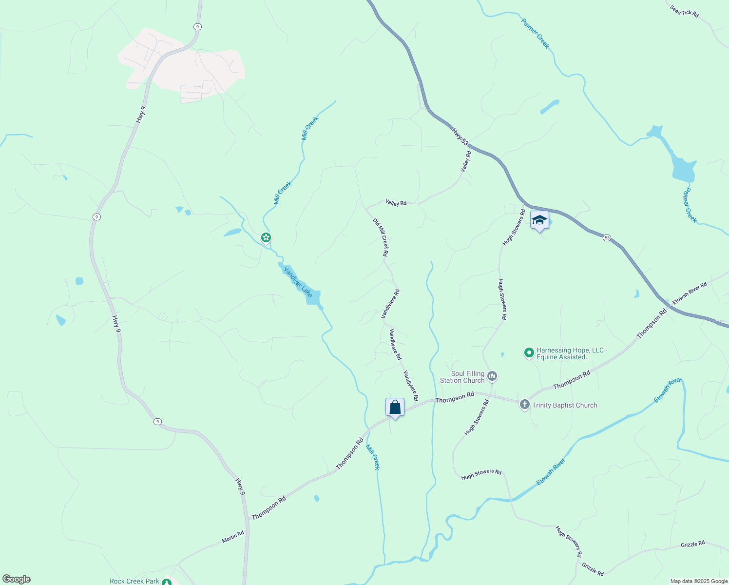map of restaurants, bars, coffee shops, grocery stores, and more near 85 Parkwood Drive in Dawsonville
