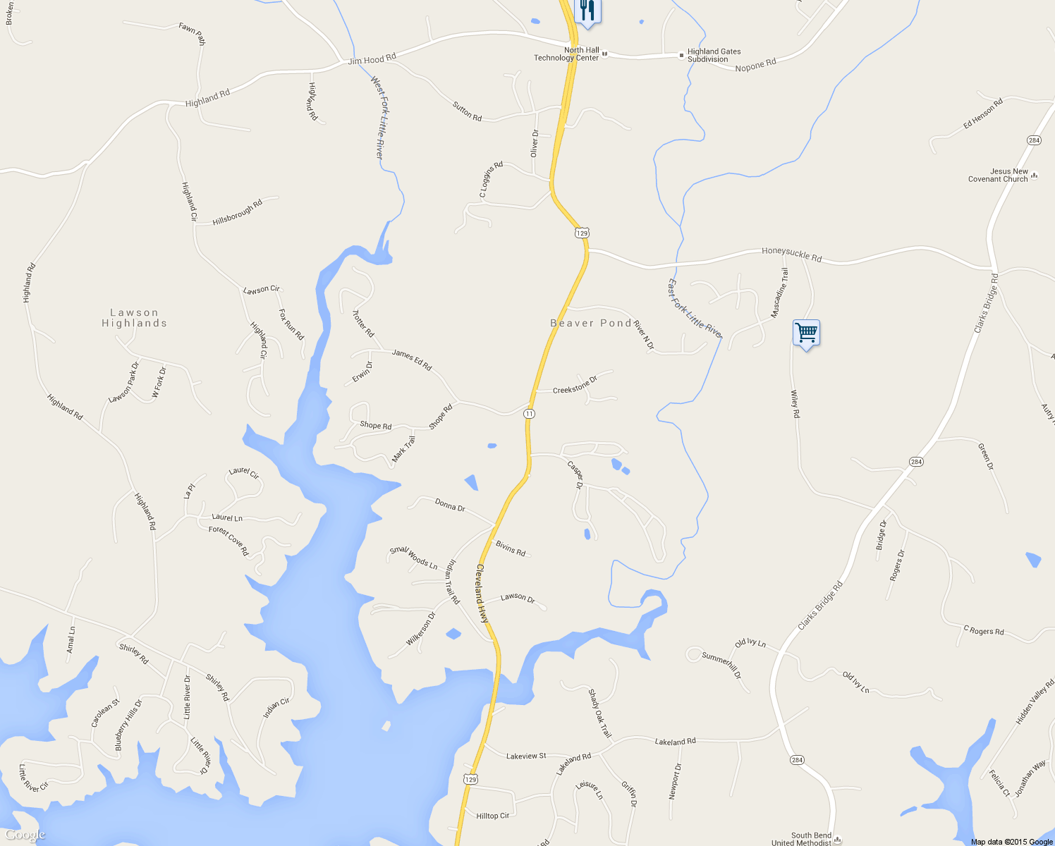 map of restaurants, bars, coffee shops, grocery stores, and more near Cleveland Highway in Gainesville