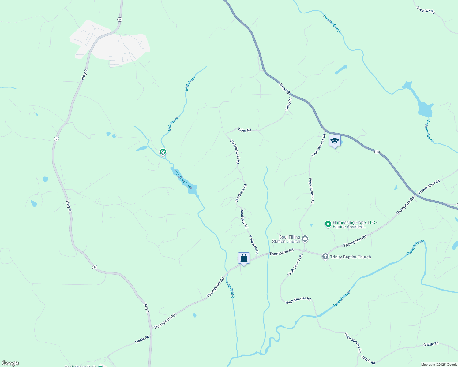 map of restaurants, bars, coffee shops, grocery stores, and more near 107 Parkwood Drive in Dawsonville