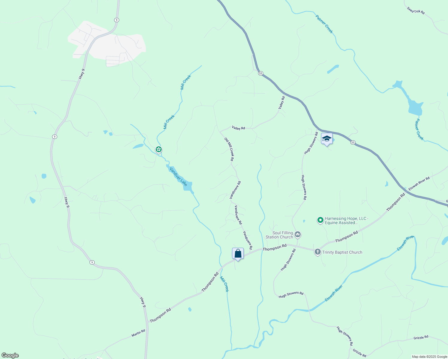 map of restaurants, bars, coffee shops, grocery stores, and more near 105 Springwood Lane in Dawsonville