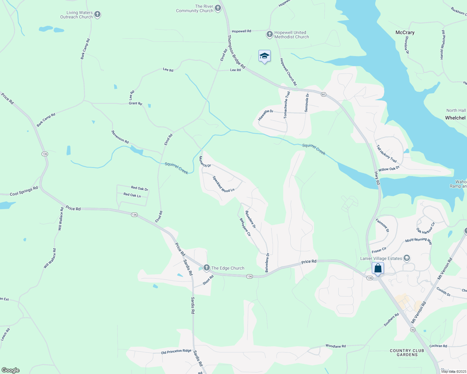 map of restaurants, bars, coffee shops, grocery stores, and more near 5479 Speckled Wood Lane in Gainesville