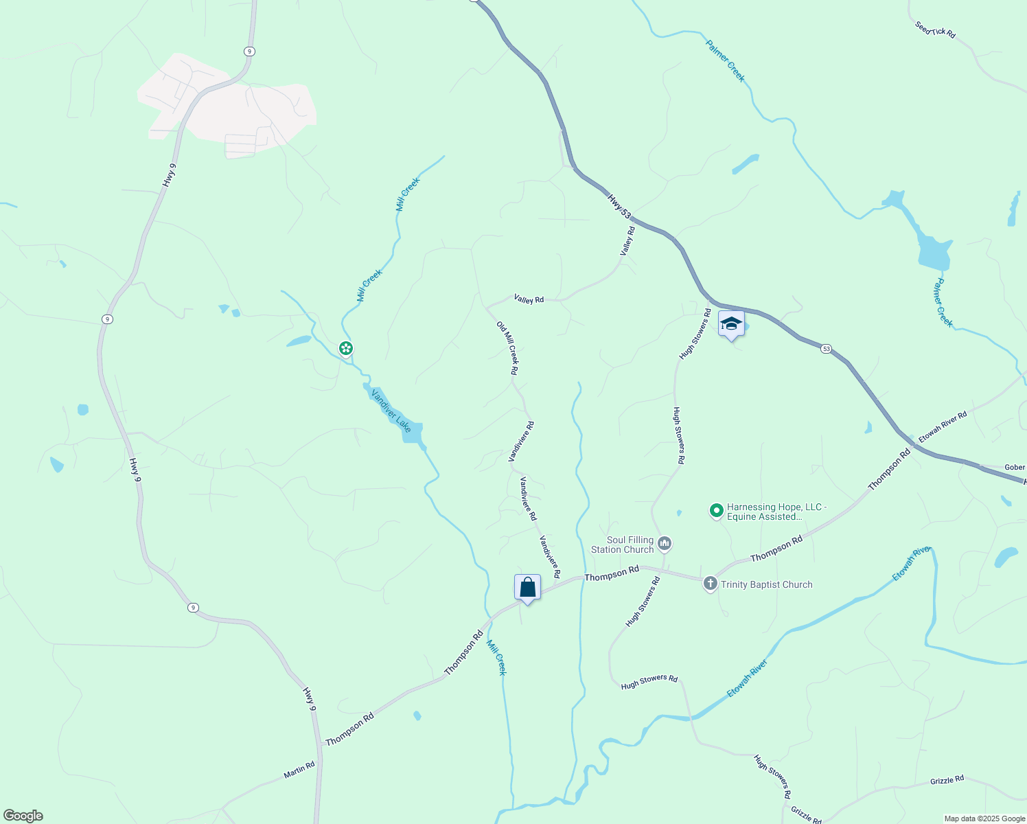 map of restaurants, bars, coffee shops, grocery stores, and more near 46 Parkwood Drive in Dawsonville