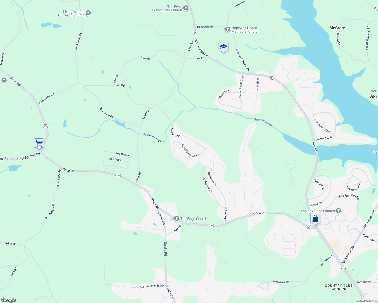 map of restaurants, bars, coffee shops, grocery stores, and more near 5445 Speckled Wood Lane in Gainesville