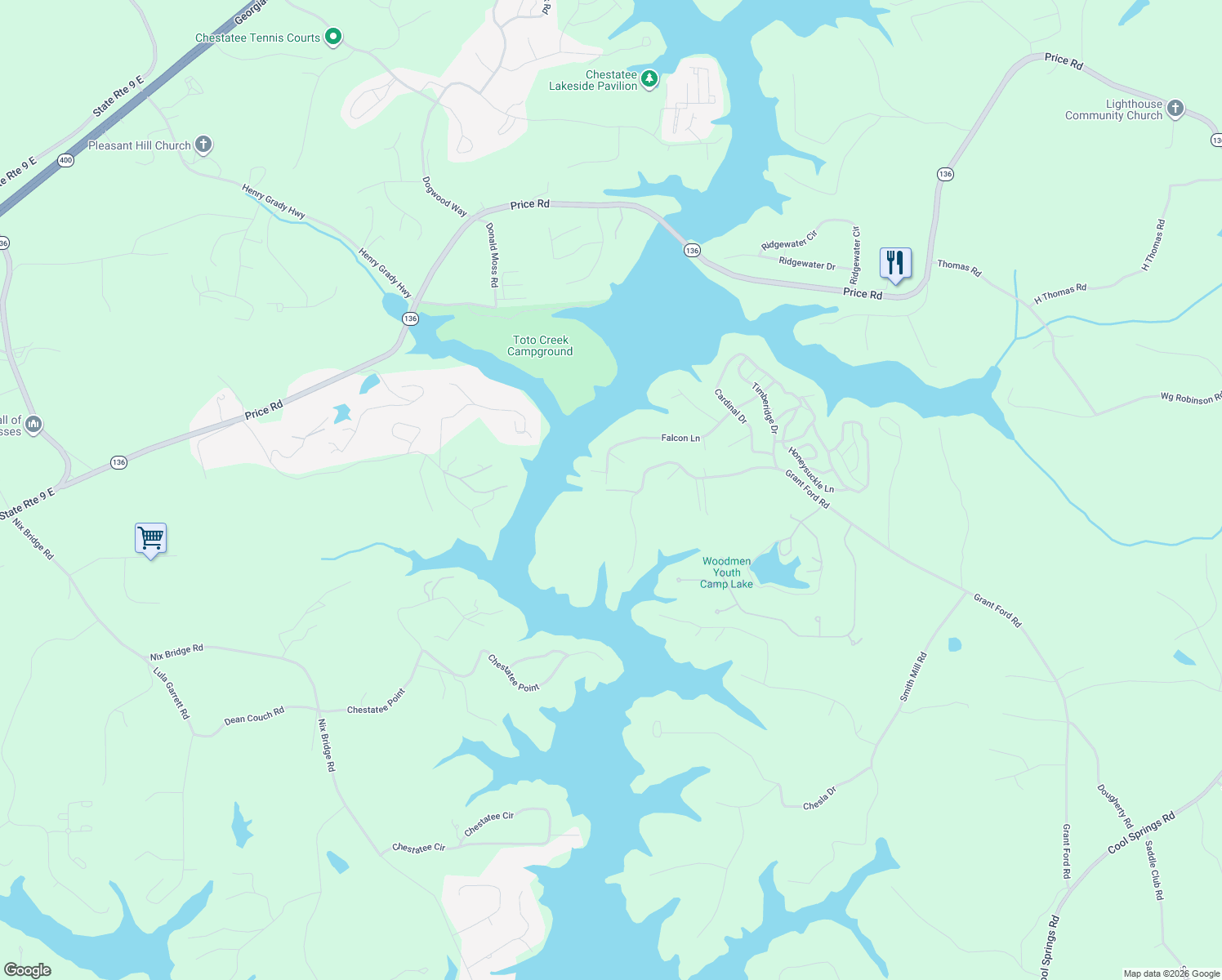 map of restaurants, bars, coffee shops, grocery stores, and more near 6244 Grant Ford Road in Gainesville