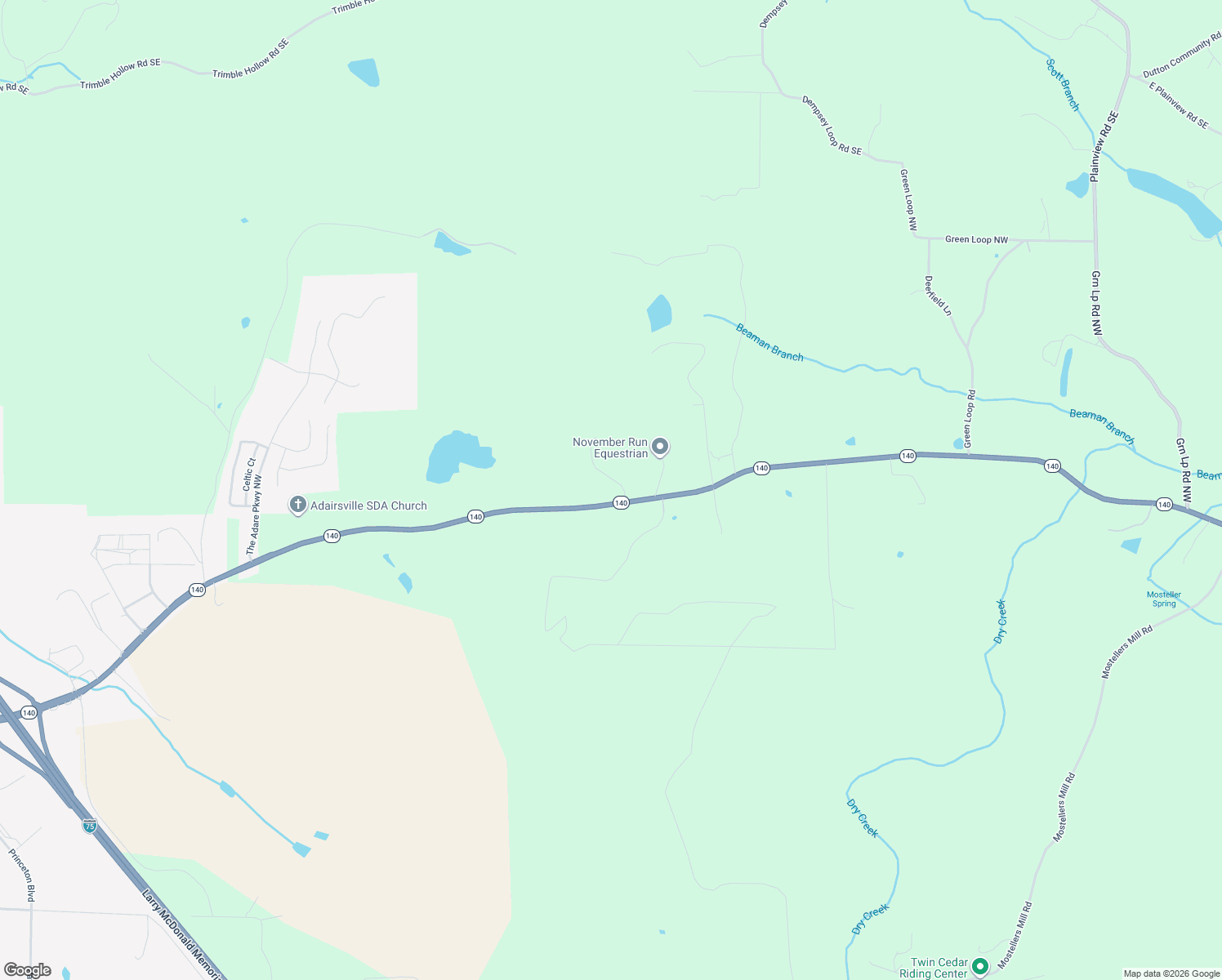 map of restaurants, bars, coffee shops, grocery stores, and more near 1421 Highway 140 Northwest in Adairsville