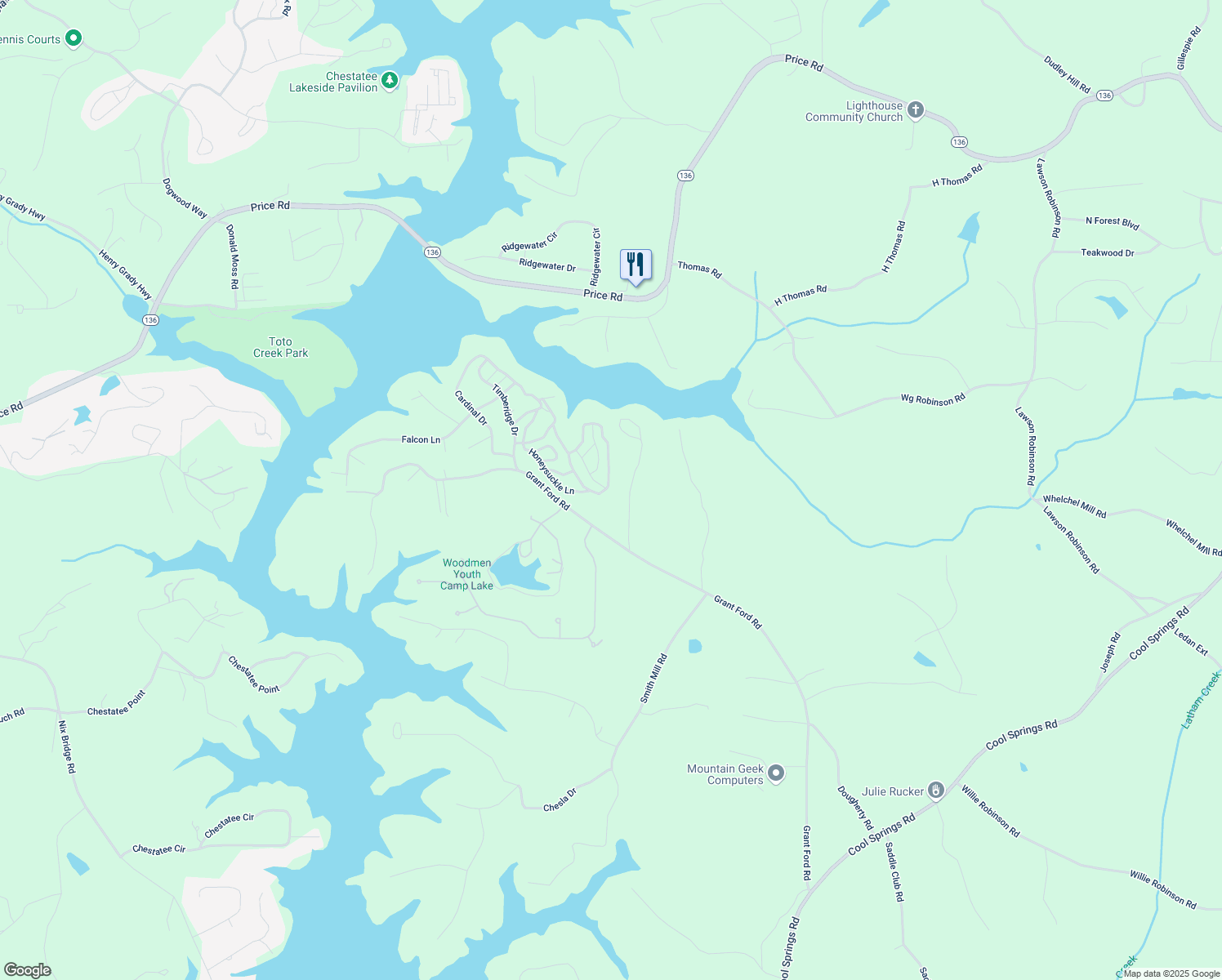 map of restaurants, bars, coffee shops, grocery stores, and more near 6661 Lakeshore Drive in Gainesville