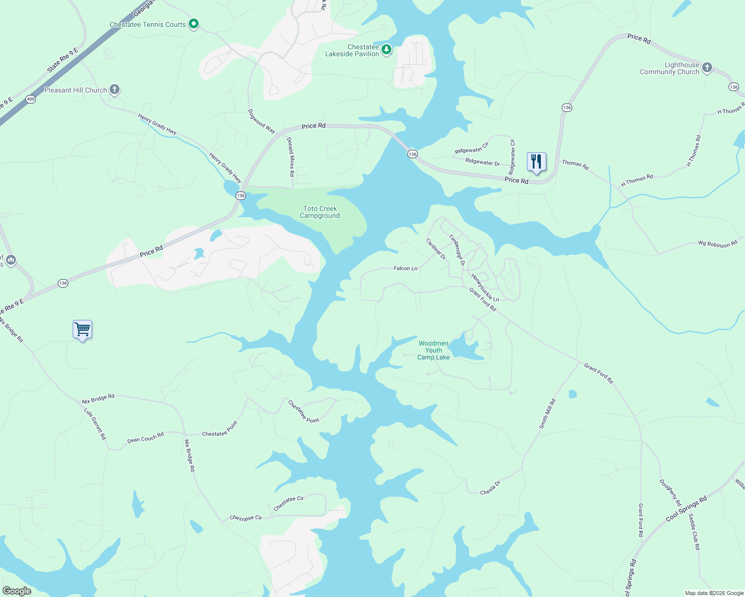 map of restaurants, bars, coffee shops, grocery stores, and more near 6244 Grant Ford Road in Gainesville