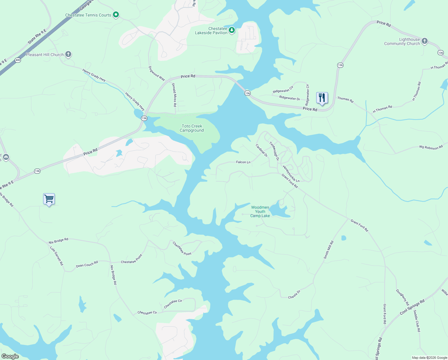 map of restaurants, bars, coffee shops, grocery stores, and more near 6244 Grant Ford Road in Gainesville