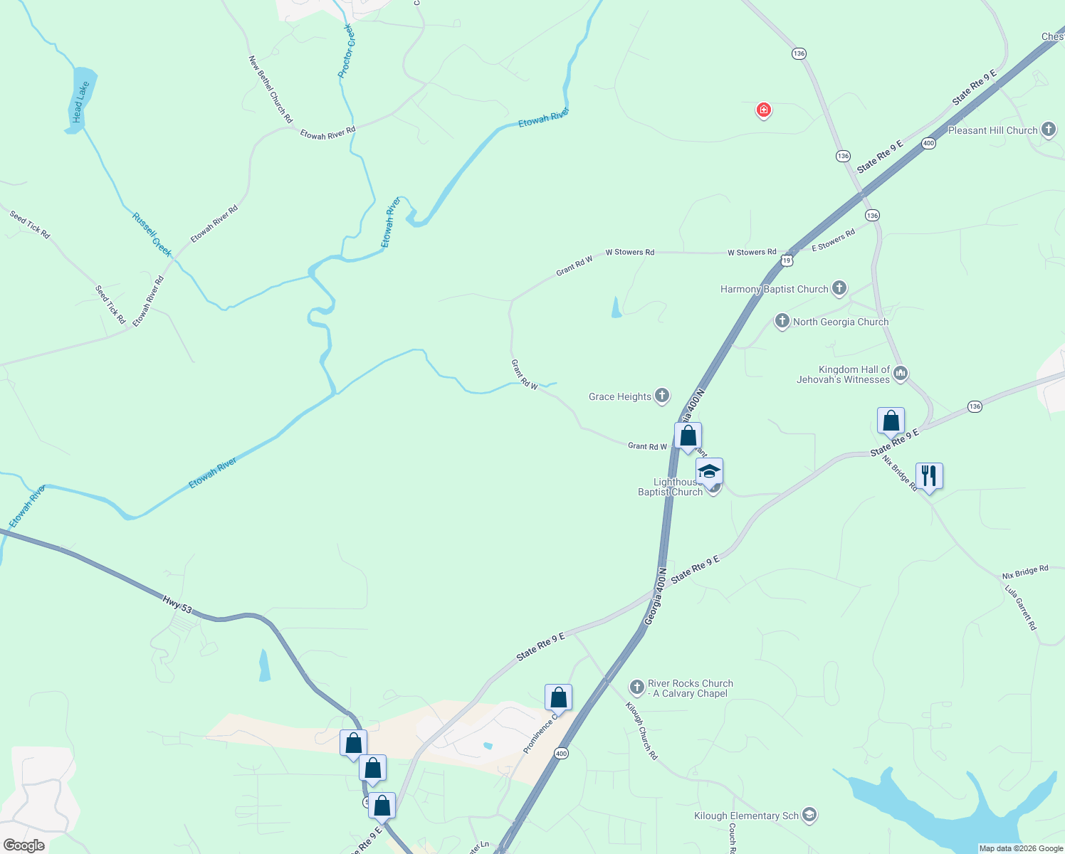 map of restaurants, bars, coffee shops, grocery stores, and more near 485 Grant Road West in Dawsonville