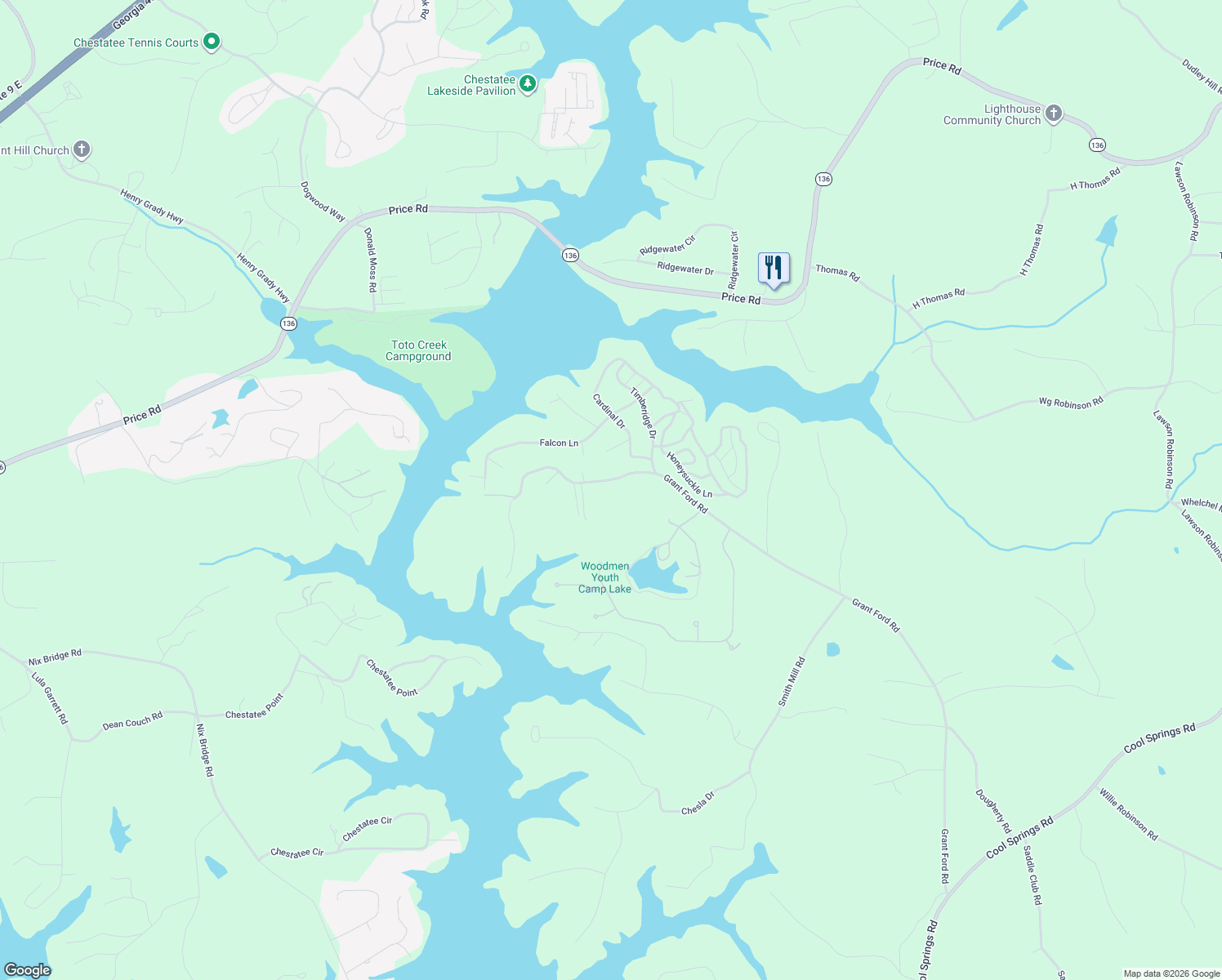 map of restaurants, bars, coffee shops, grocery stores, and more near 6135 Grant Ford Road in Gainesville