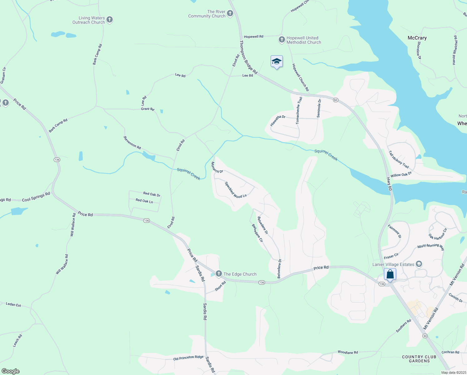 map of restaurants, bars, coffee shops, grocery stores, and more near 5437 Speckled Wood Lane in Gainesville