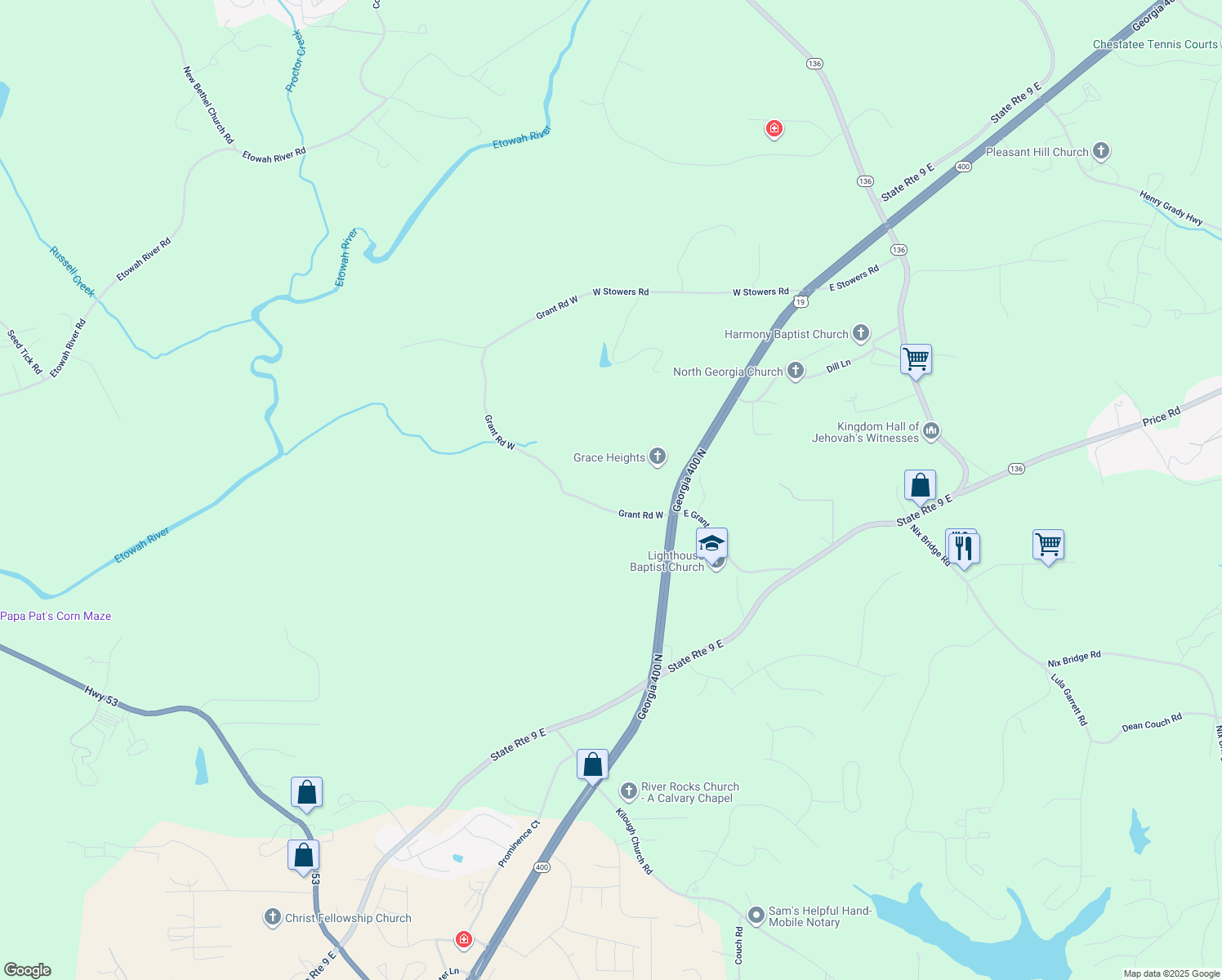 map of restaurants, bars, coffee shops, grocery stores, and more near 162 Grant Road West in Dawsonville