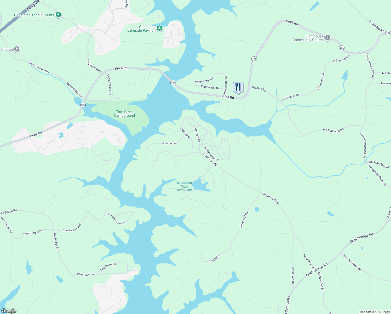 map of restaurants, bars, coffee shops, grocery stores, and more near 6117 Grant Ford Road in Gainesville