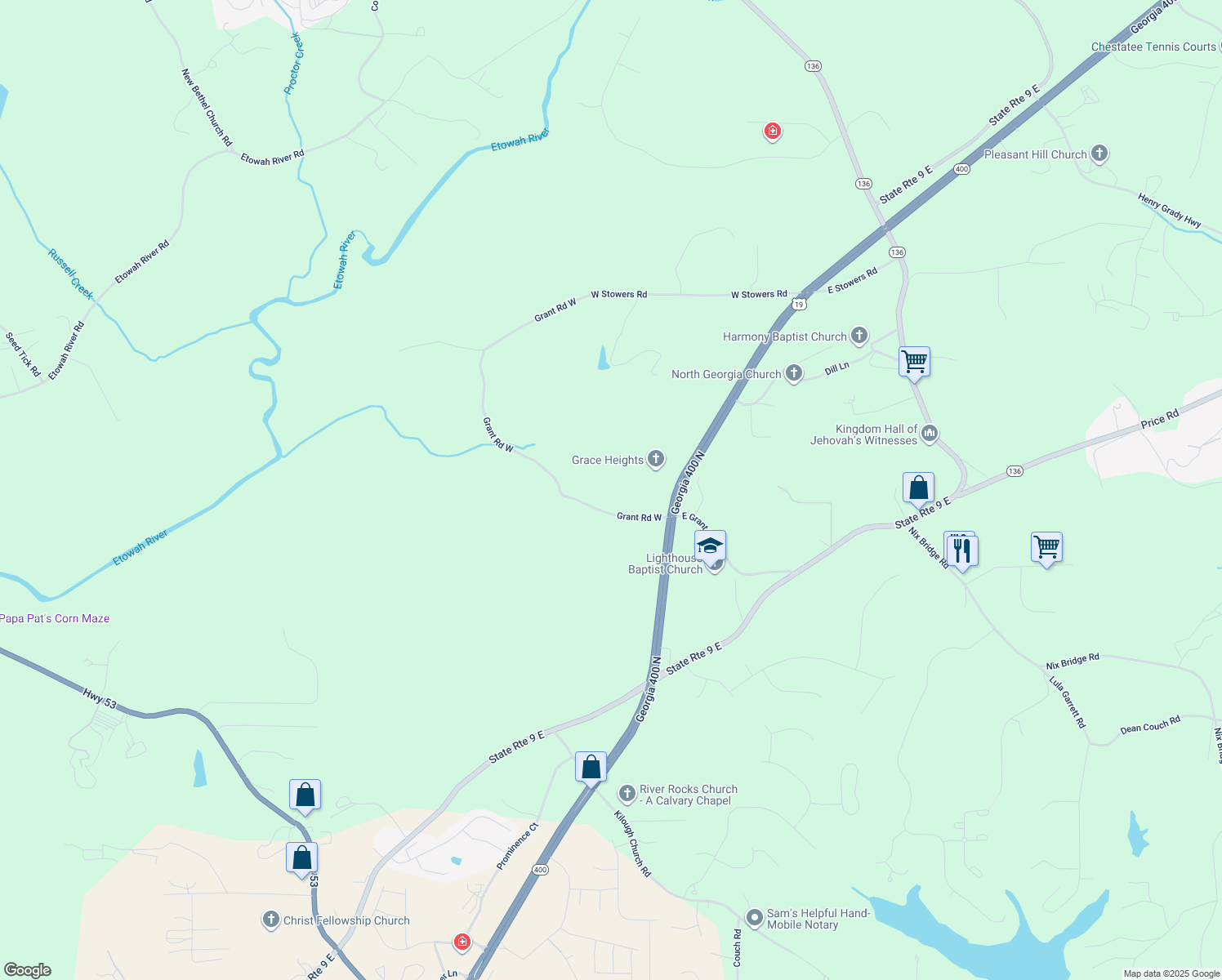 map of restaurants, bars, coffee shops, grocery stores, and more near 162 Grant Road West in Dawsonville