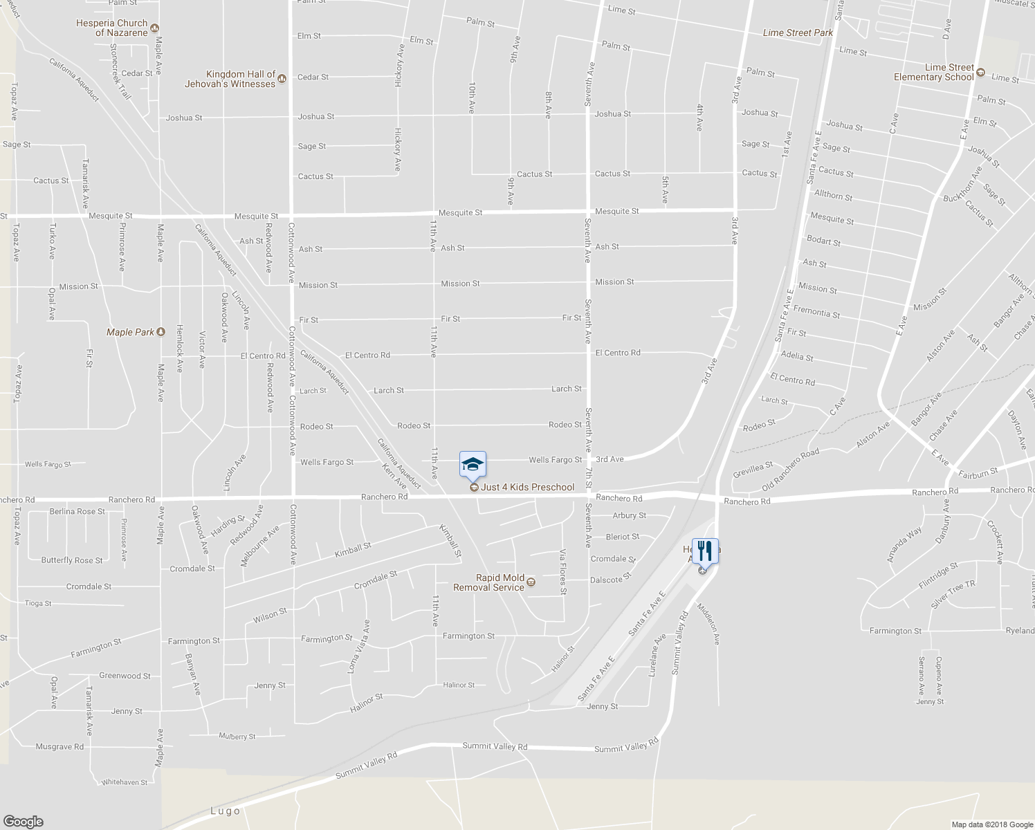 map of restaurants, bars, coffee shops, grocery stores, and more near 15534 Rodeo Street in Hesperia