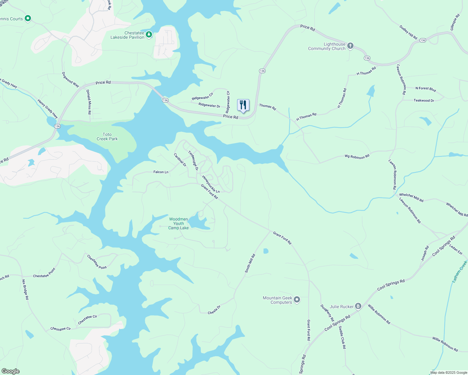 map of restaurants, bars, coffee shops, grocery stores, and more near 6661 Lakeshore Drive in Gainesville
