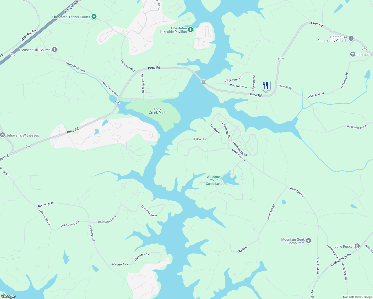 map of restaurants, bars, coffee shops, grocery stores, and more near 6232 Grant Ford Road in Gainesville