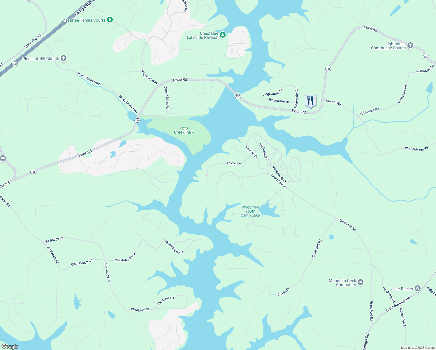 map of restaurants, bars, coffee shops, grocery stores, and more near 6232 Grant Ford Road in Gainesville