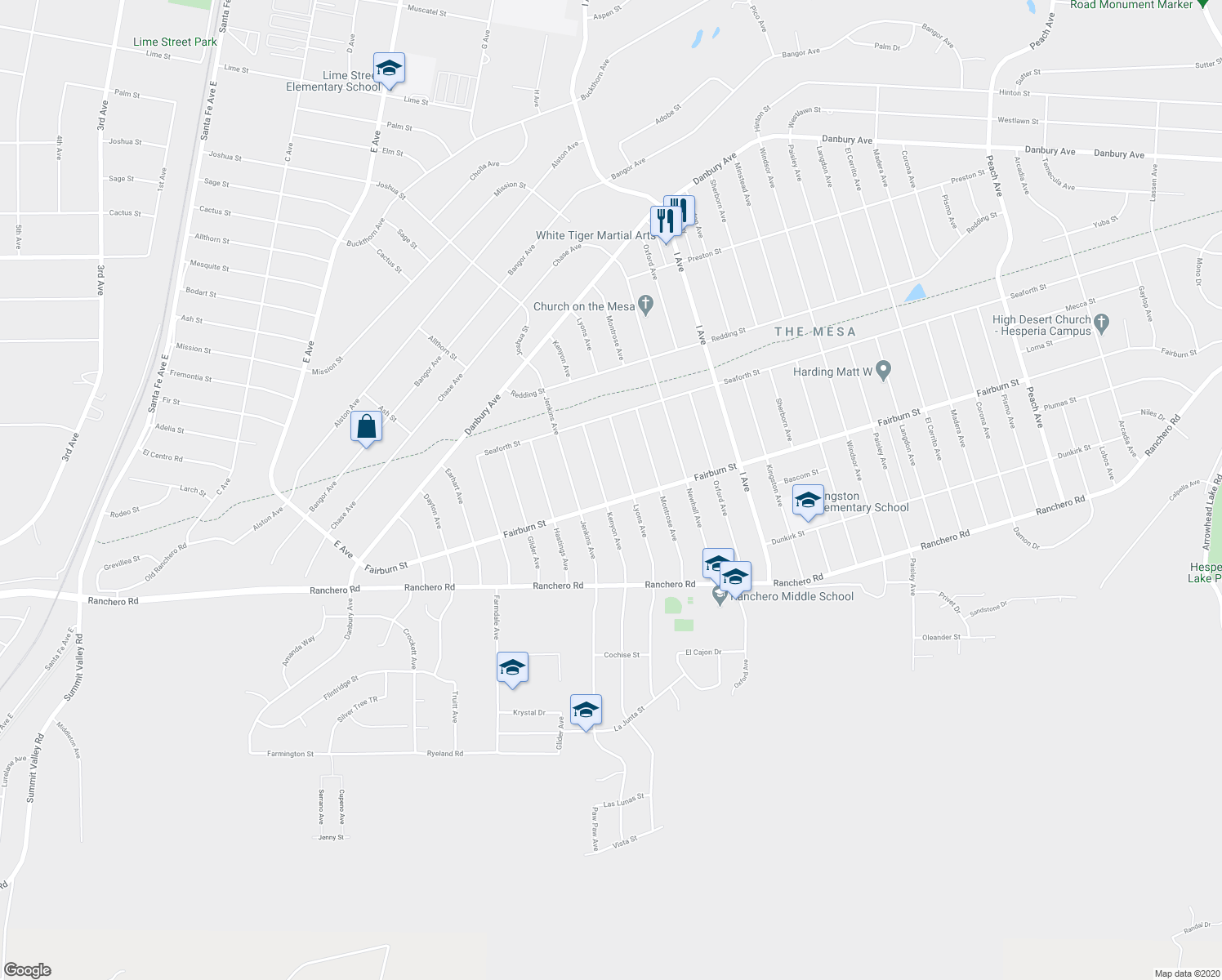 map of restaurants, bars, coffee shops, grocery stores, and more near 7519 Kenyon Avenue in Hesperia