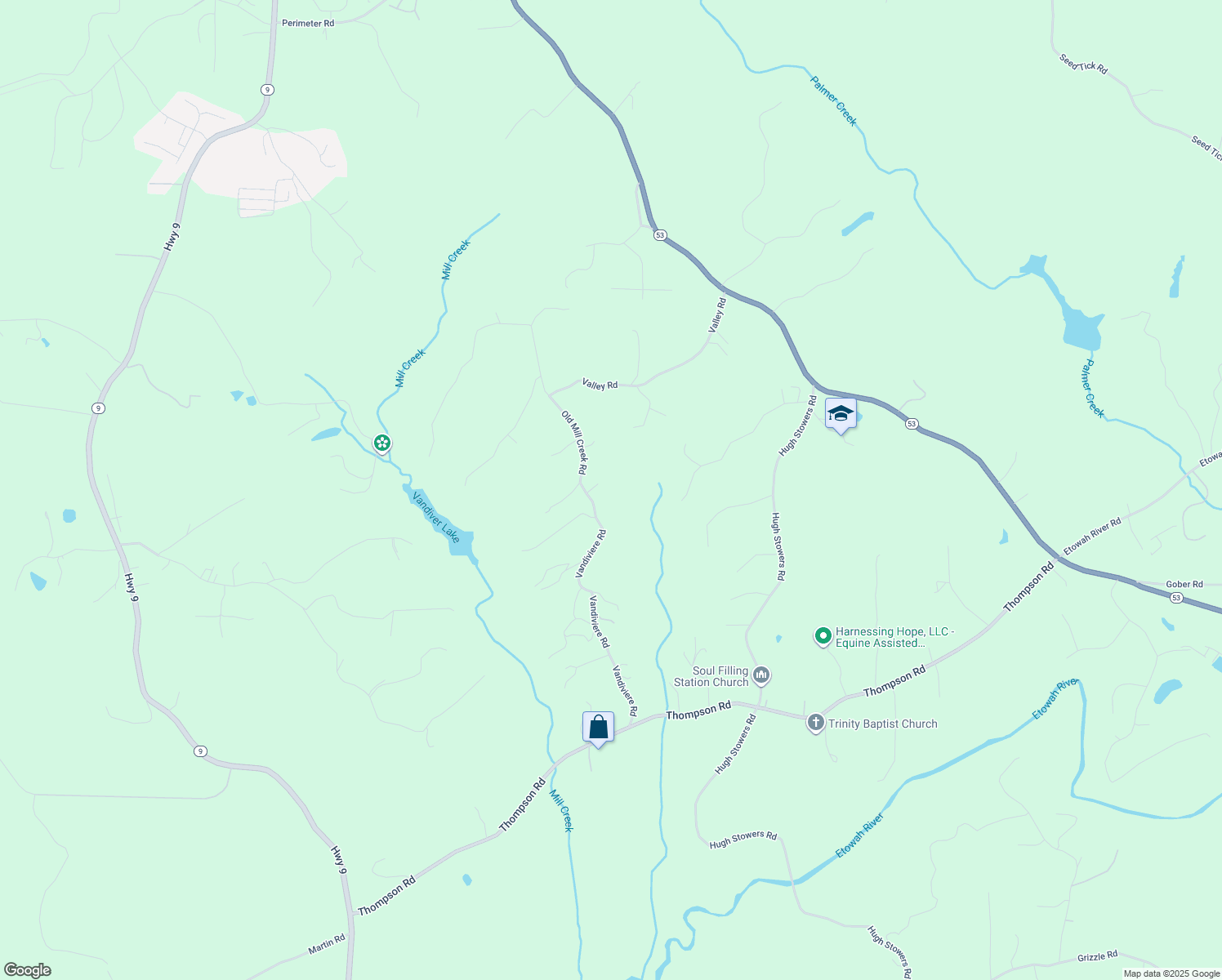 map of restaurants, bars, coffee shops, grocery stores, and more near 375 Vandiviere Road in Dawsonville