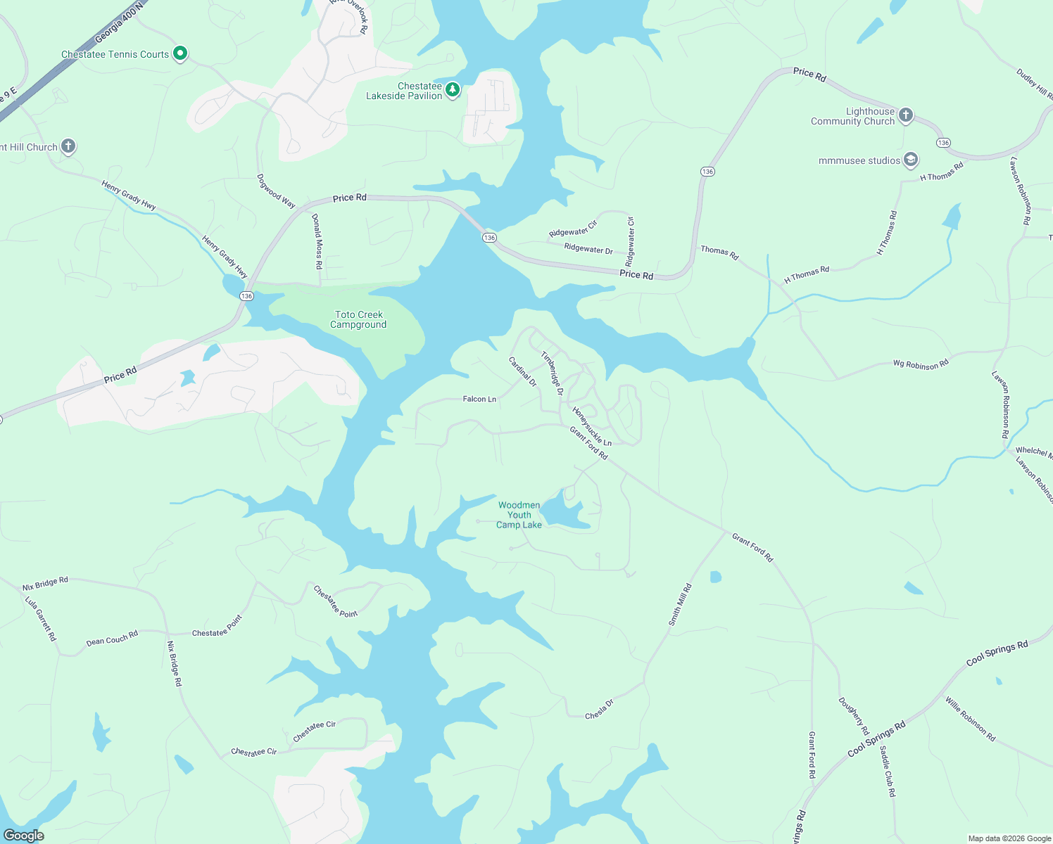 map of restaurants, bars, coffee shops, grocery stores, and more near 6135 Grant Ford Road in Gainesville