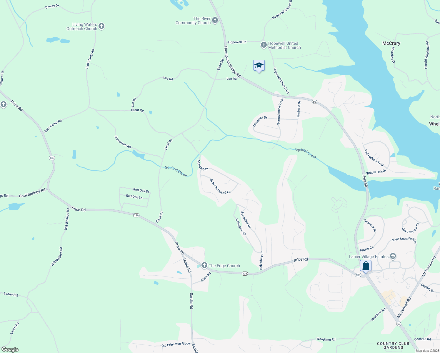 map of restaurants, bars, coffee shops, grocery stores, and more near 5342 Monarch Drive in Gainesville