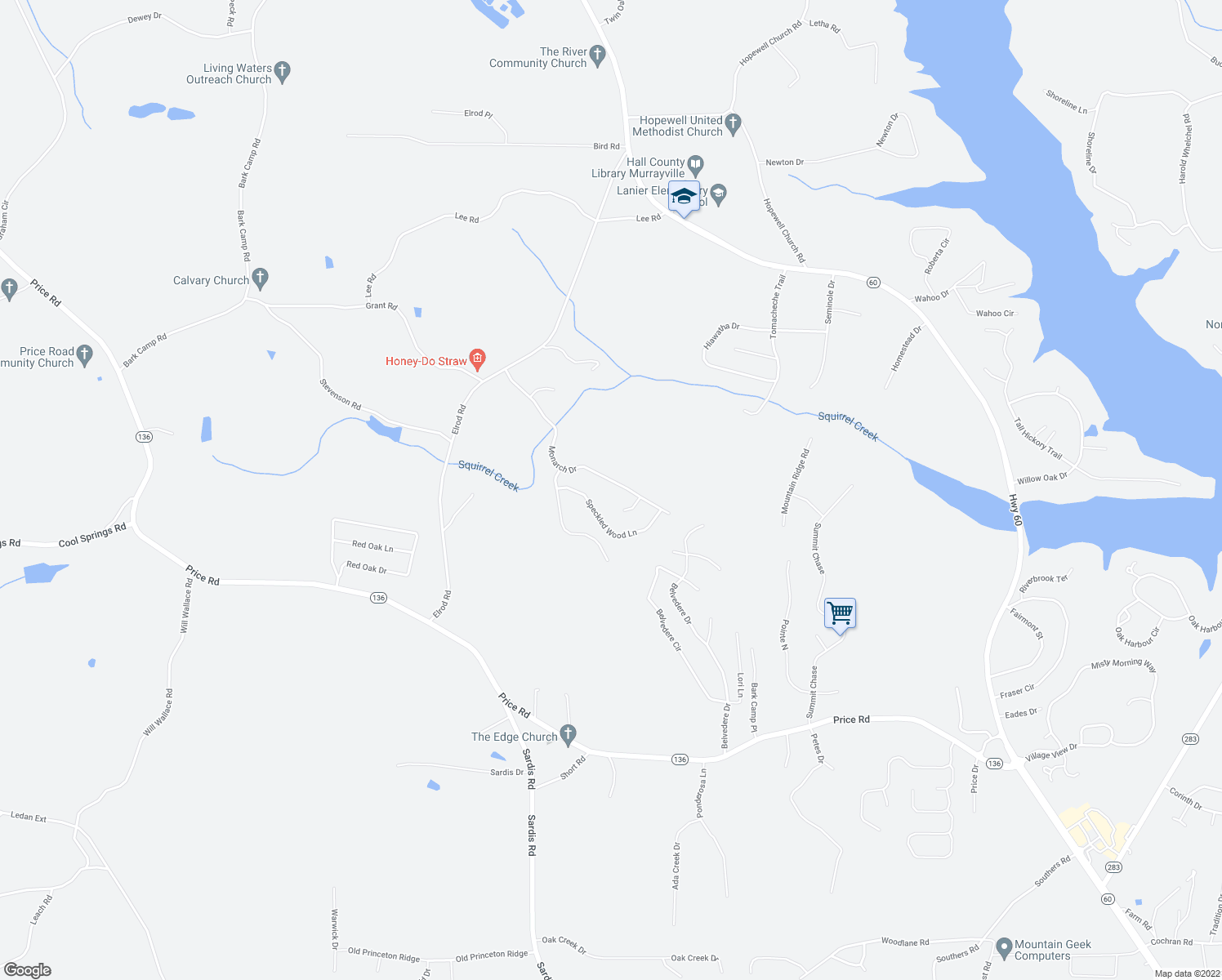 map of restaurants, bars, coffee shops, grocery stores, and more near 5374 Angel Wing Court in Gainesville
