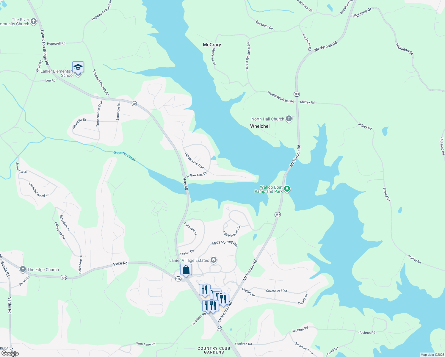 map of restaurants, bars, coffee shops, grocery stores, and more near 4252 Tall Hickory Trail in Gainesville