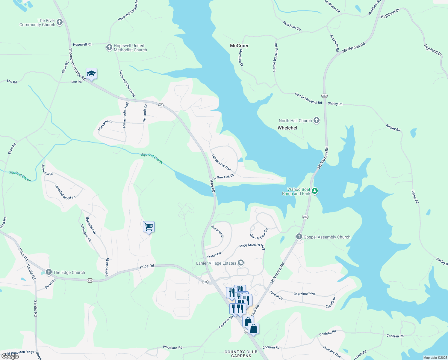 map of restaurants, bars, coffee shops, grocery stores, and more near 4221 Willow Oak Drive in Gainesville