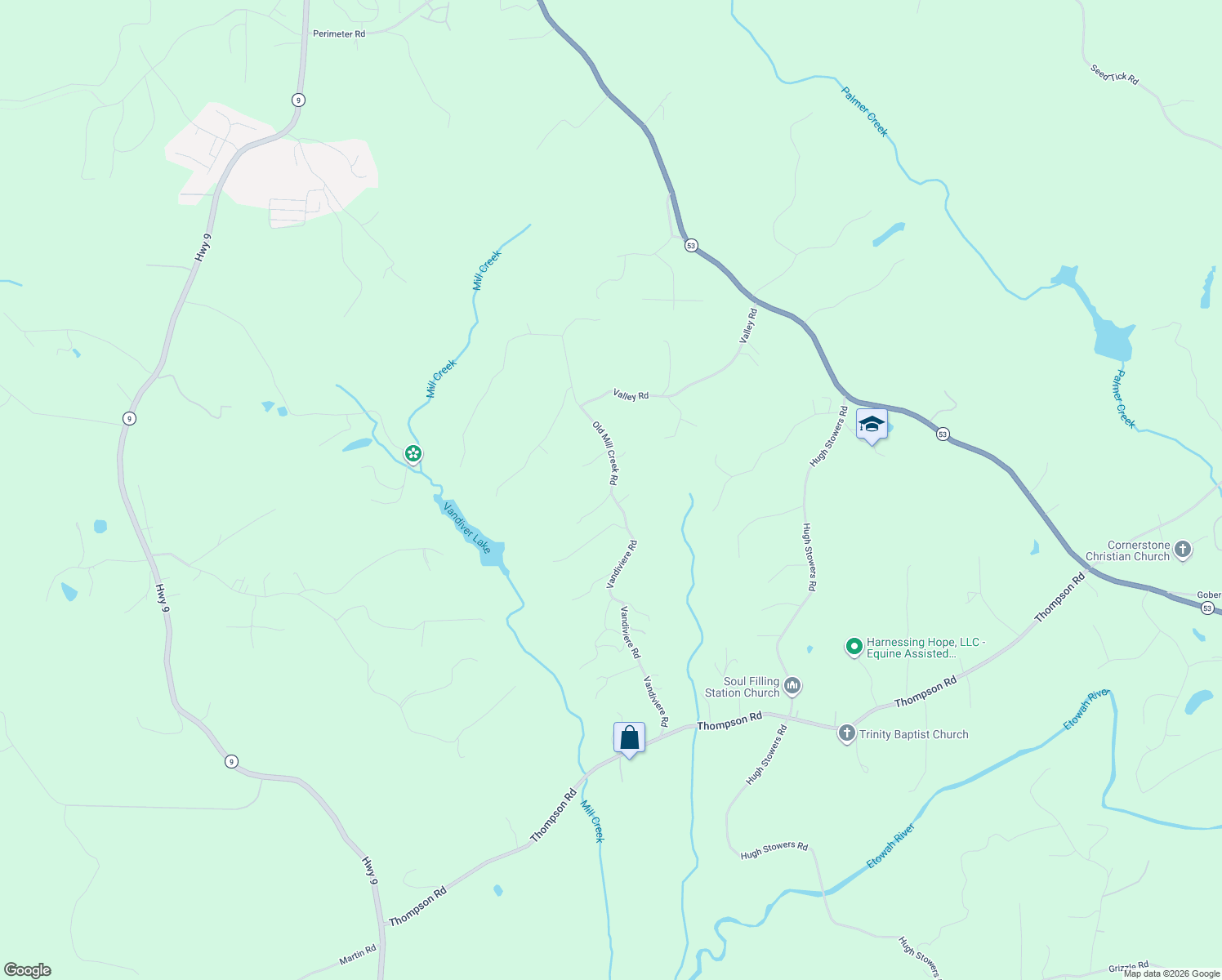 map of restaurants, bars, coffee shops, grocery stores, and more near 175 Vandiviere Road in Dawsonville